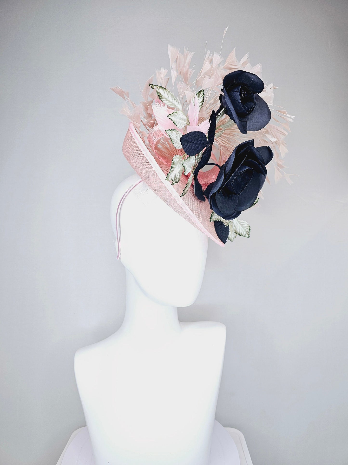 kentucky derby hat fascinator light pink sinamay saucer with black silk flowers silver green ivory leaves and pink feathers