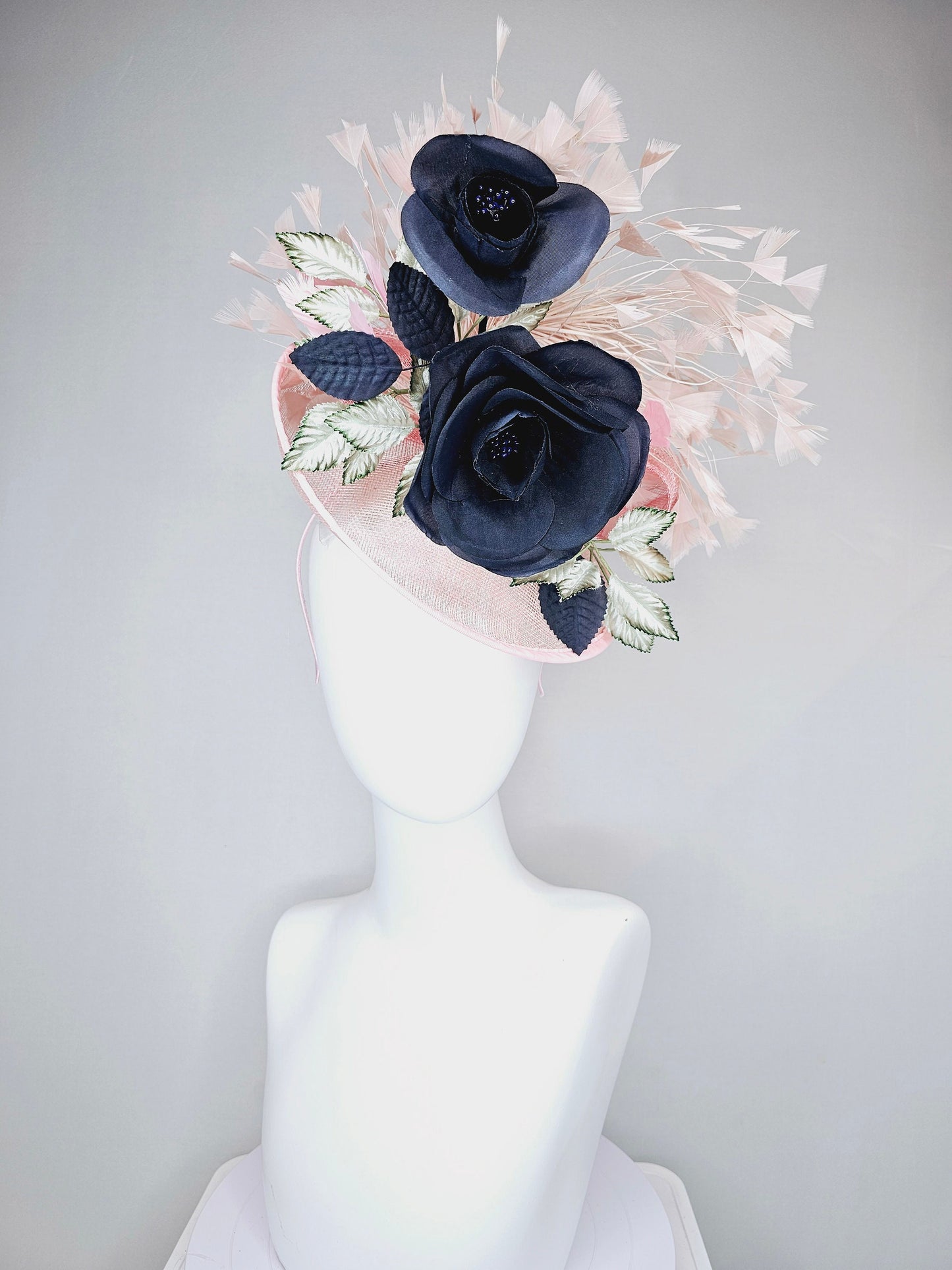 kentucky derby hat fascinator light pink sinamay saucer with black silk flowers silver green ivory leaves and pink feathers