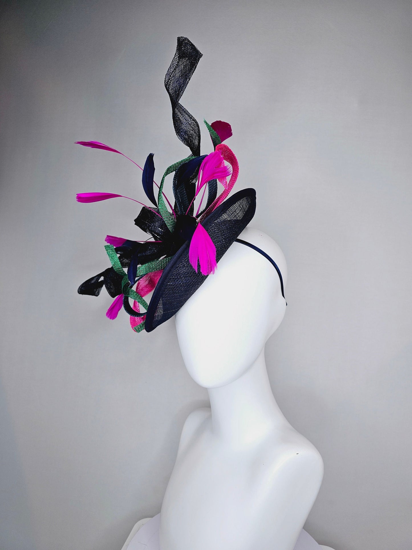 kentucky derby hat fascinator dark navy sinamay with curls green blue sinamay curls pink feathers