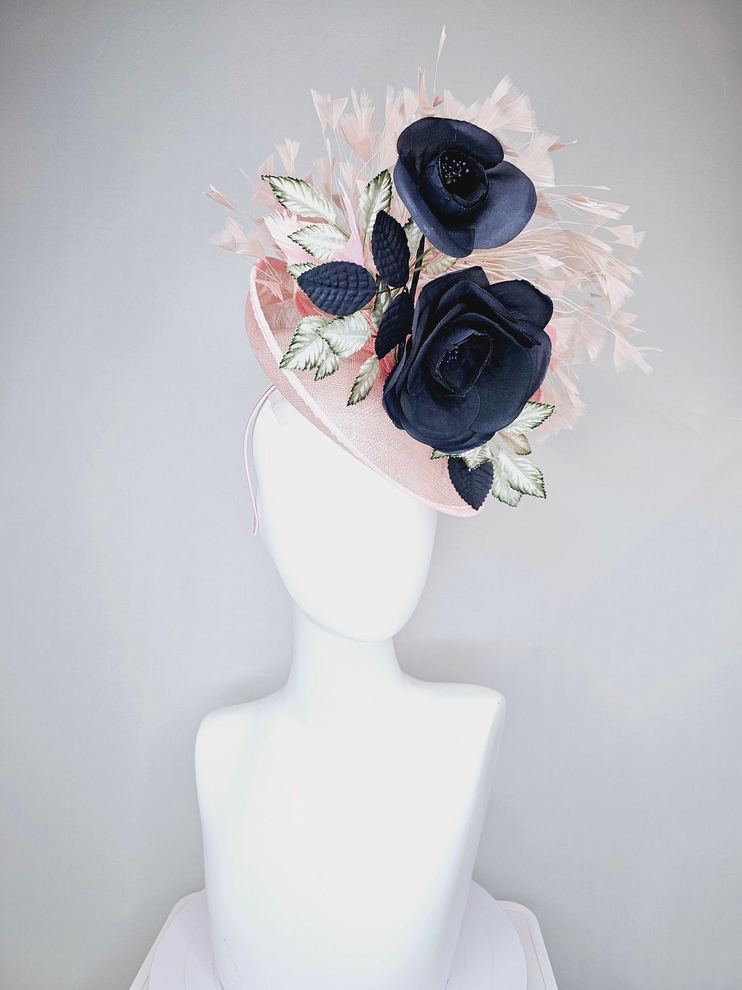 kentucky derby hat fascinator light pink sinamay saucer with black silk flowers silver green ivory leaves and pink feathers