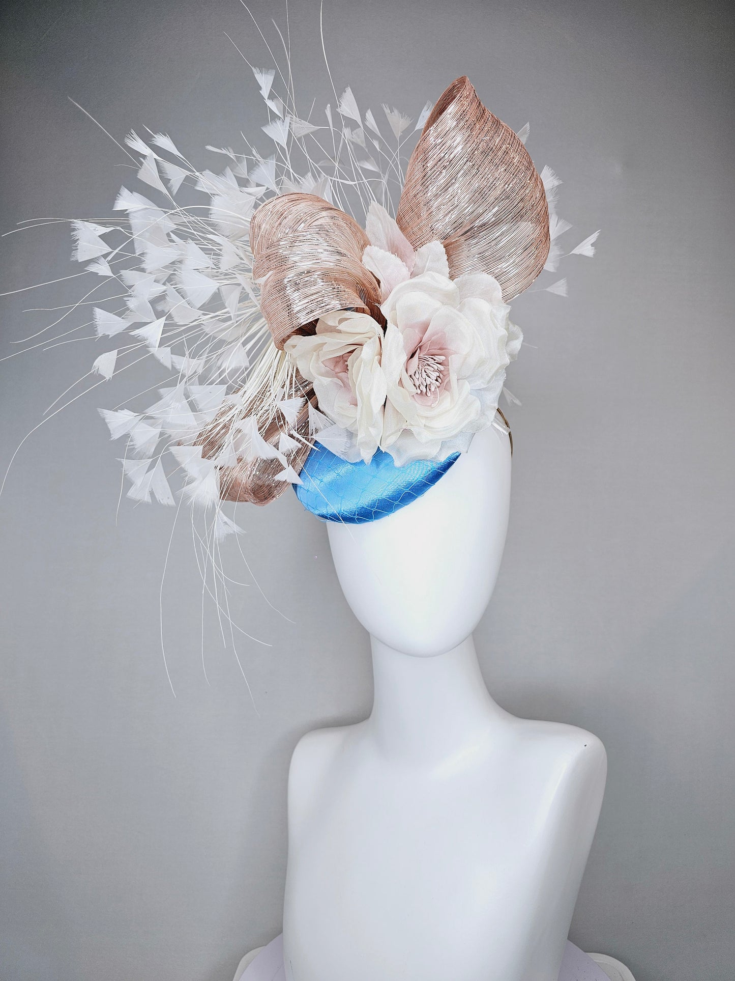 kentucky derby hat fascinator light blue satin with light ivory taupe silk flower white feathers and gold blush metallic silk
