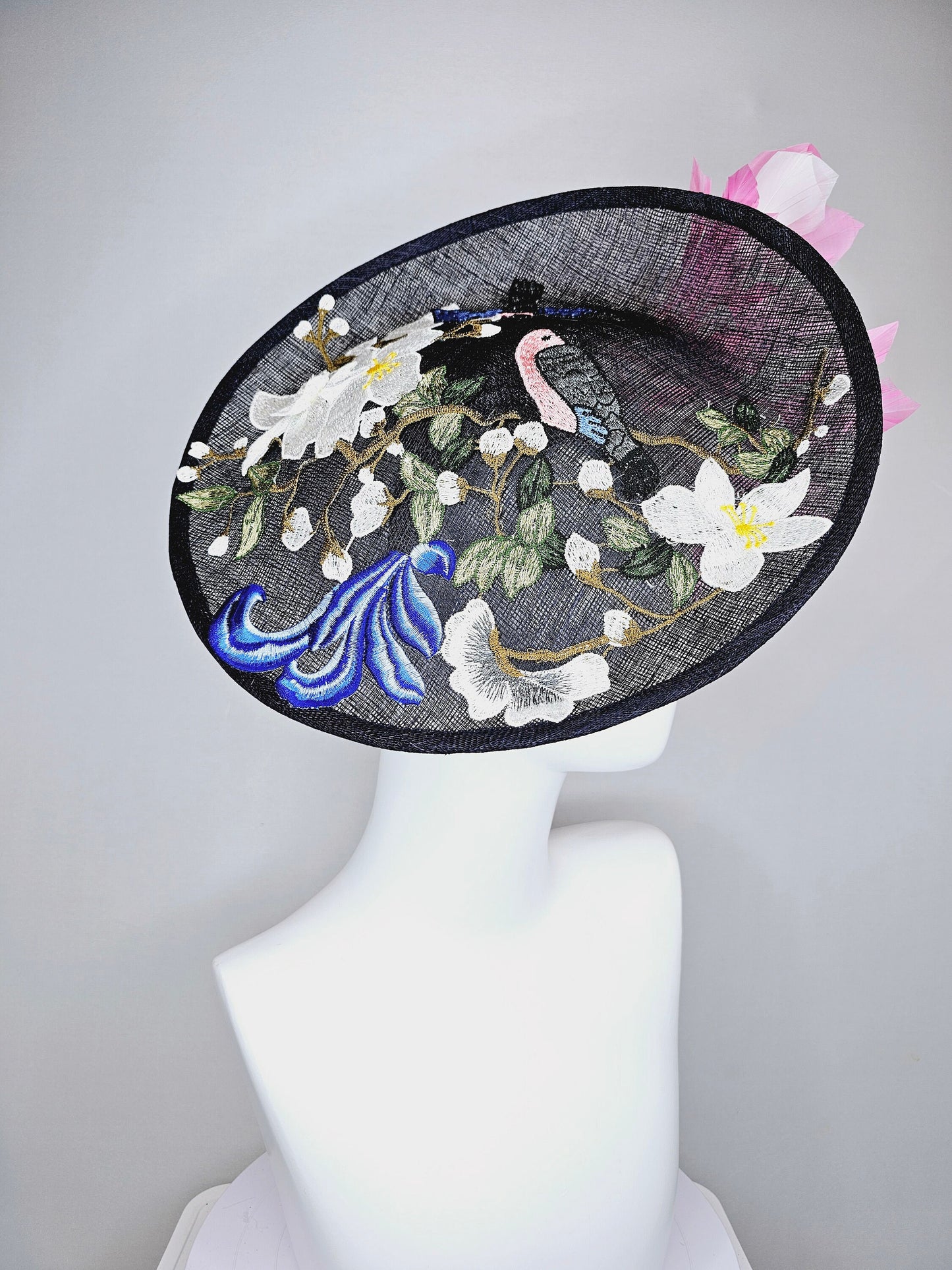 kentucky derby hat fascinator black sinamay saucer with embroidered white pink blue flowers with pink and white feathers