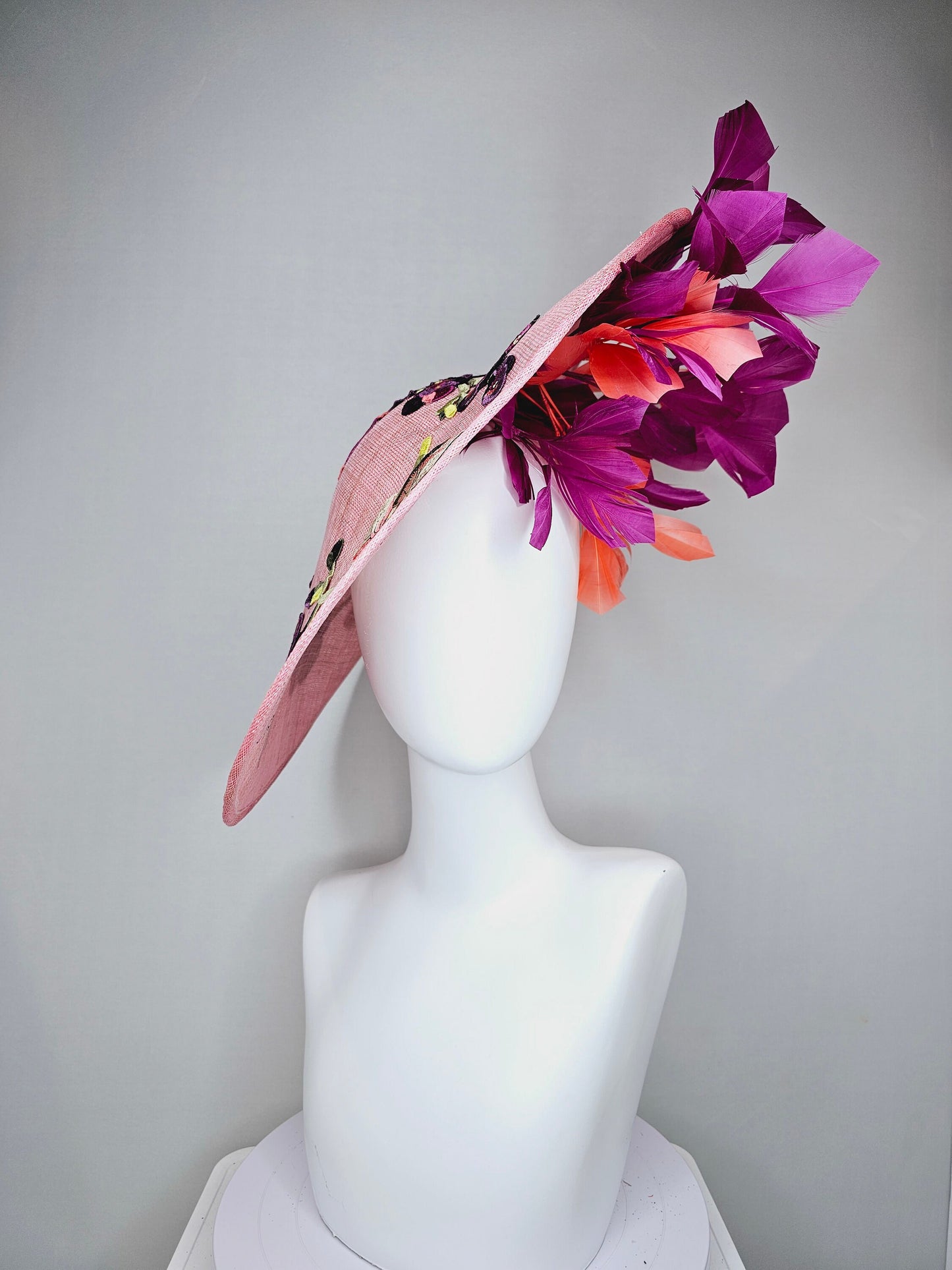 kentucky derby hat fascinator light pink coral sinamay saucer with lavender purple coral yellow embroidered flowers purple coral feathers