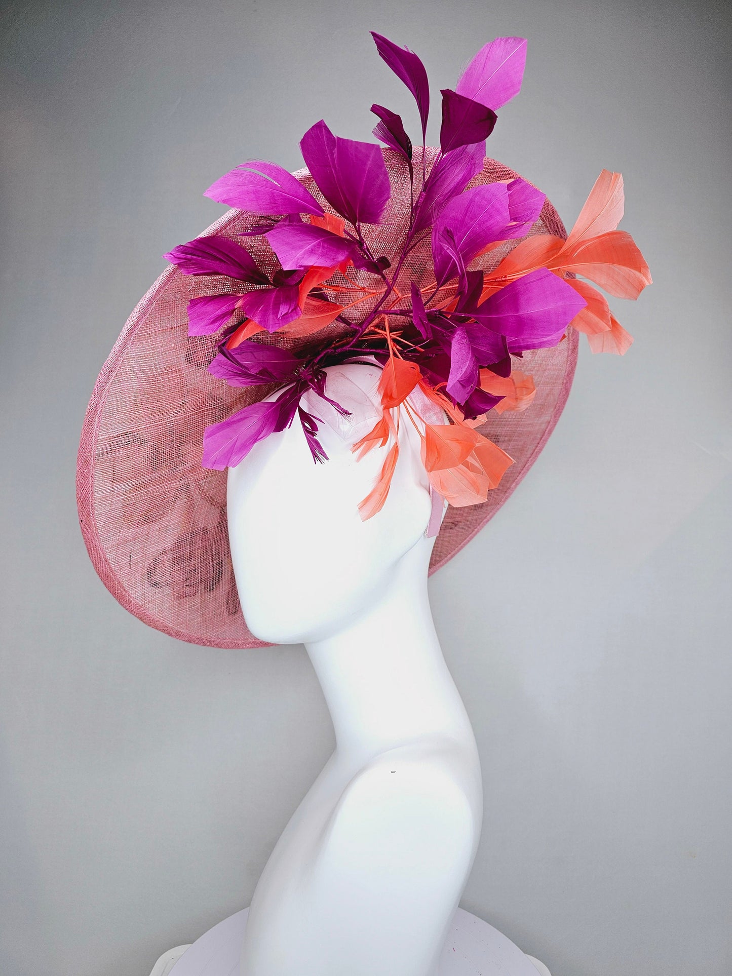 kentucky derby hat fascinator light pink coral sinamay saucer with lavender purple coral yellow embroidered flowers purple coral feathers