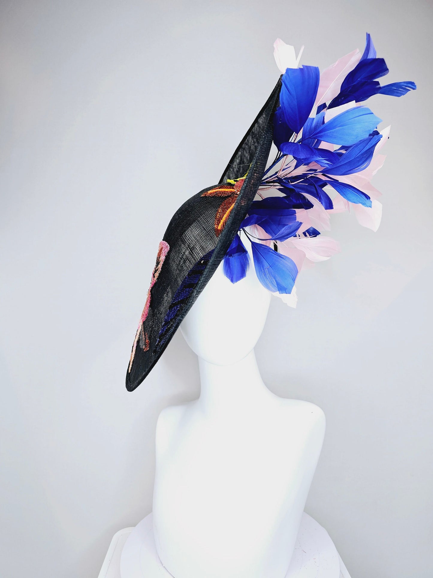 kentucky derby hat fascinator black sinamay saucer with yellow pink blue sequin embroidered flowers and blush pink blue feathers