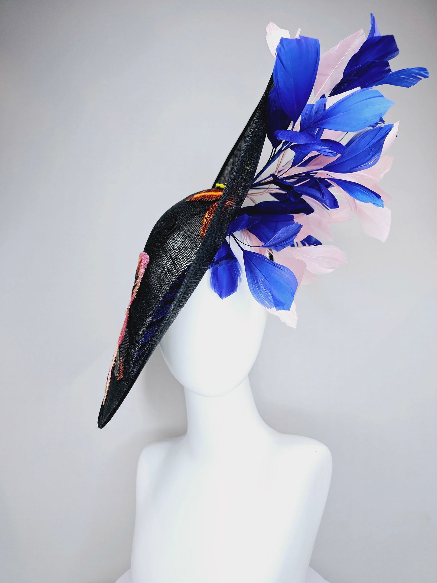 kentucky derby hat fascinator black sinamay saucer with yellow pink blue sequin embroidered flowers and blush pink blue feathers