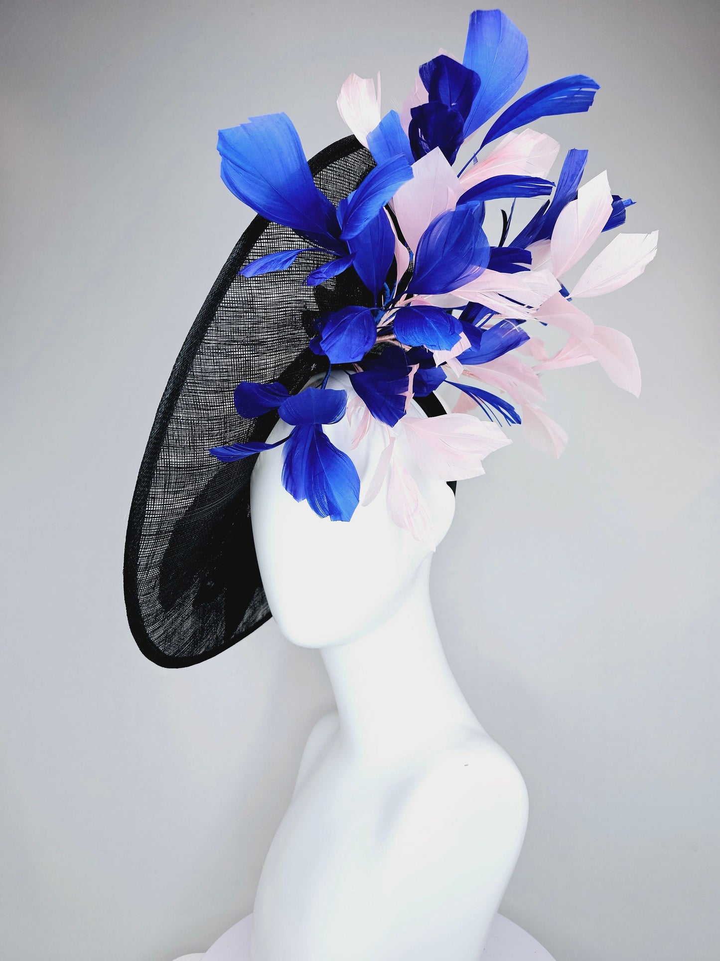 kentucky derby hat fascinator black sinamay saucer with yellow pink blue sequin embroidered flowers and blush pink blue feathers