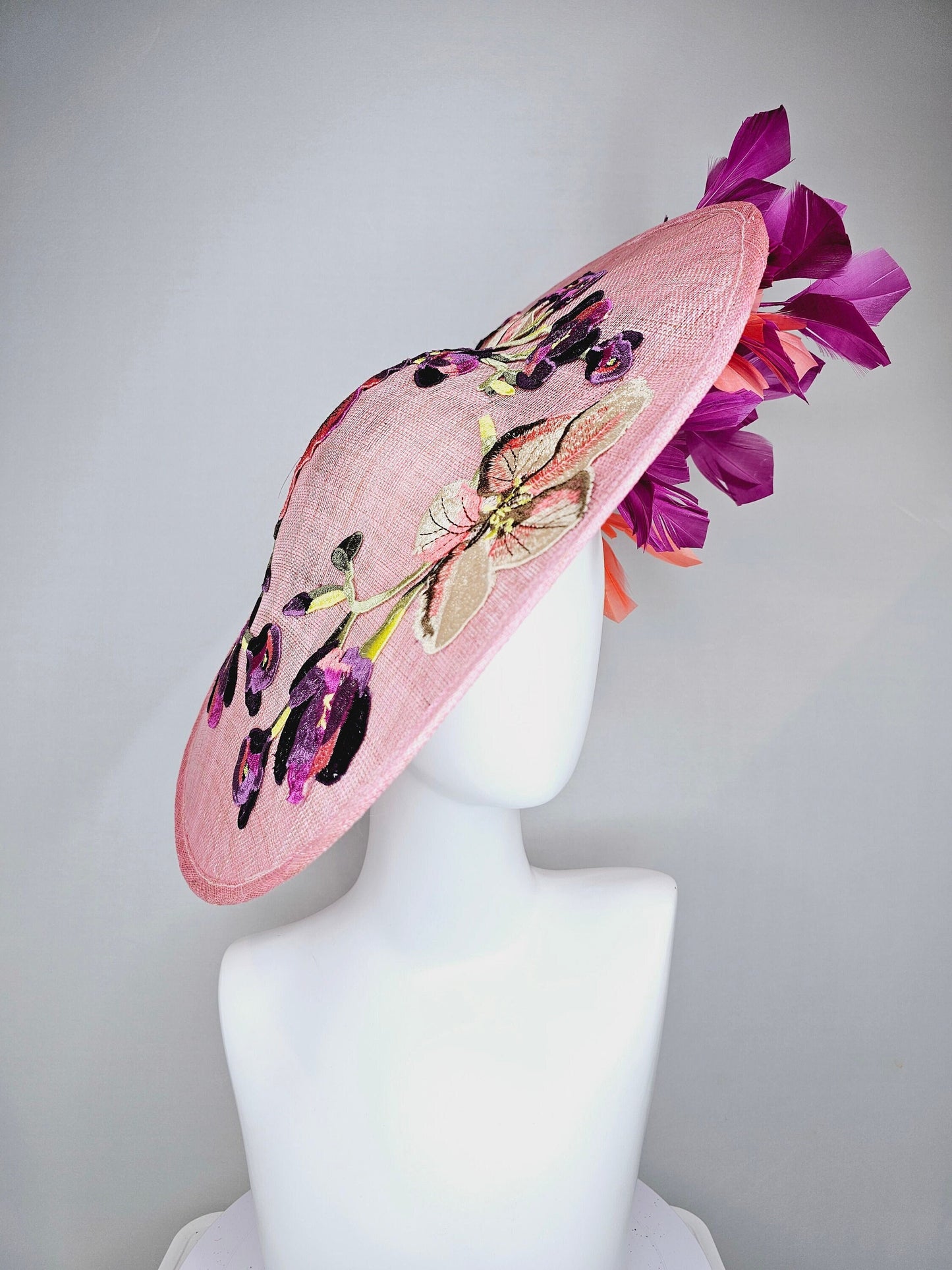 kentucky derby hat fascinator light pink coral sinamay saucer with lavender purple coral yellow embroidered flowers purple coral feathers
