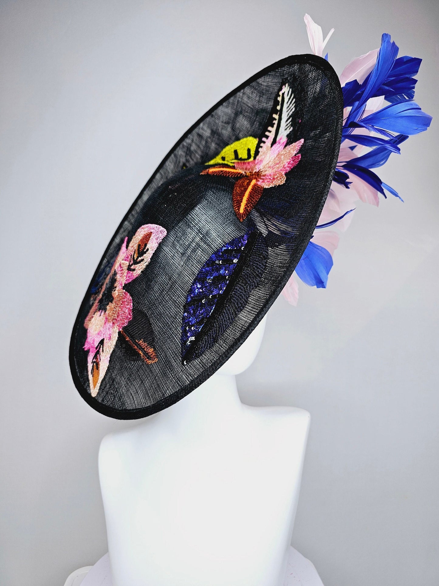kentucky derby hat fascinator black sinamay saucer with yellow pink blue sequin embroidered flowers and blush pink blue feathers