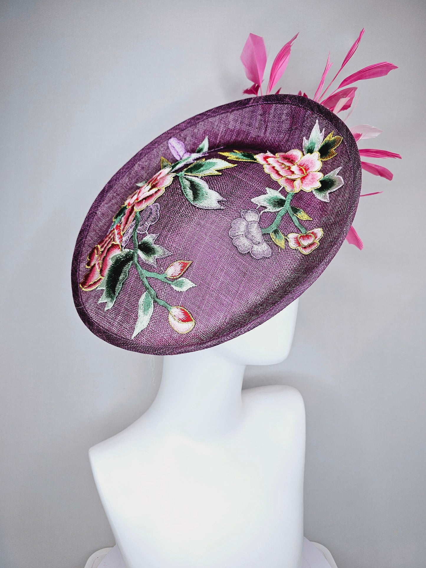 kentucky derby hat fascinator purple violet sinamay saucer with embroidered blue lavender pink green flowers with pink and blush feathers