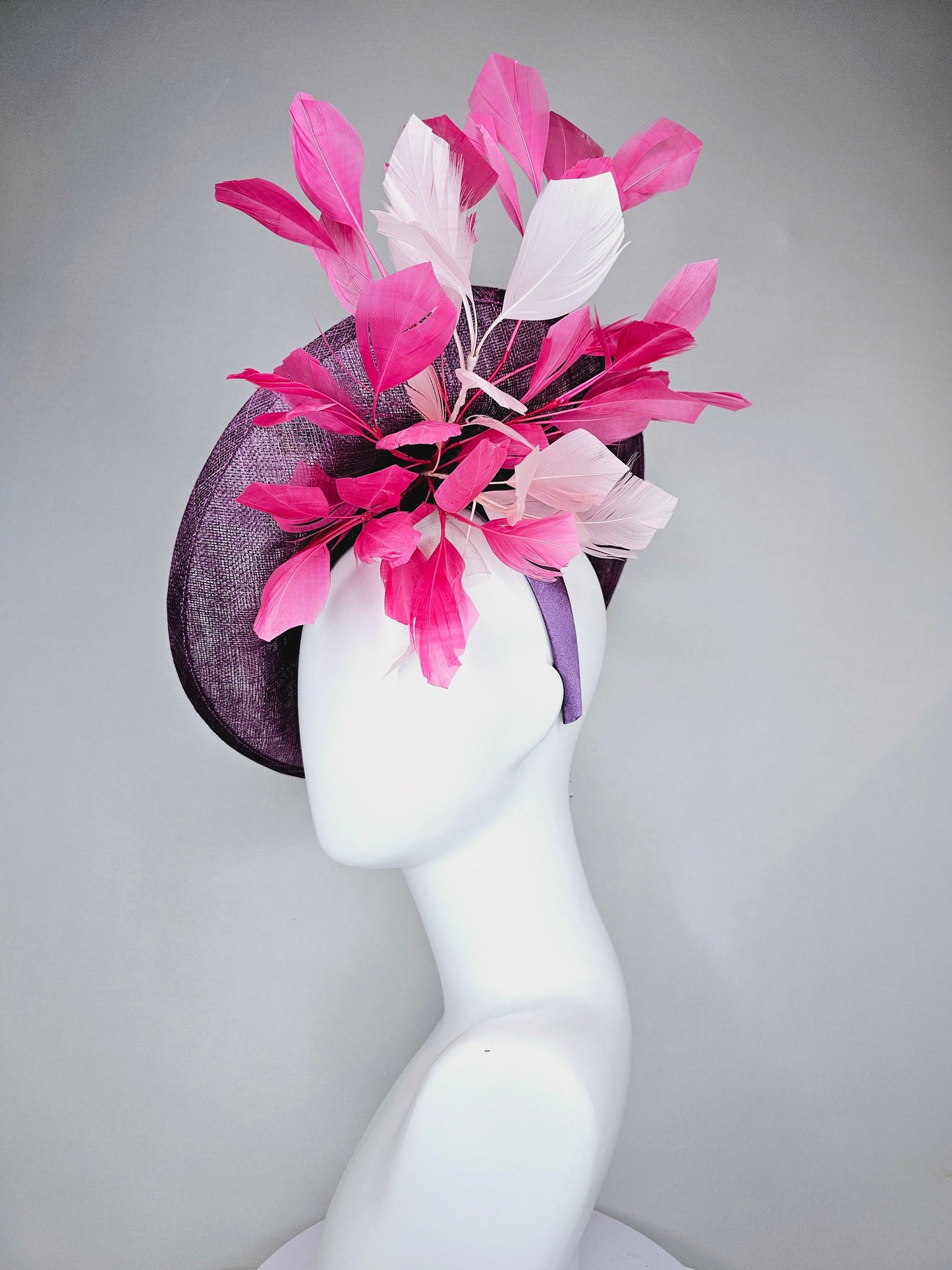 kentucky derby hat fascinator purple violet sinamay saucer with embroidered blue lavender pink green flowers with pink and blush feathers