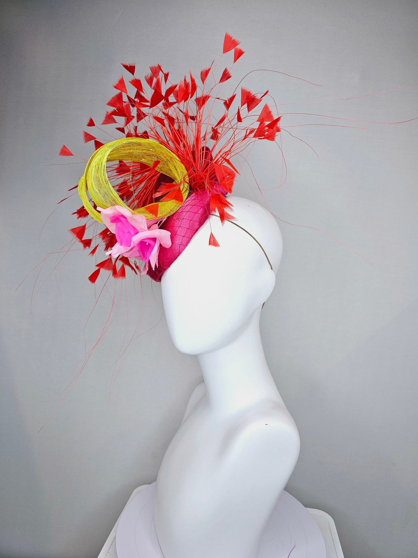 kentucky derby hat fascinator pink satin with bright red feathers ombre pink silk flowers and yellow gold metallic silk