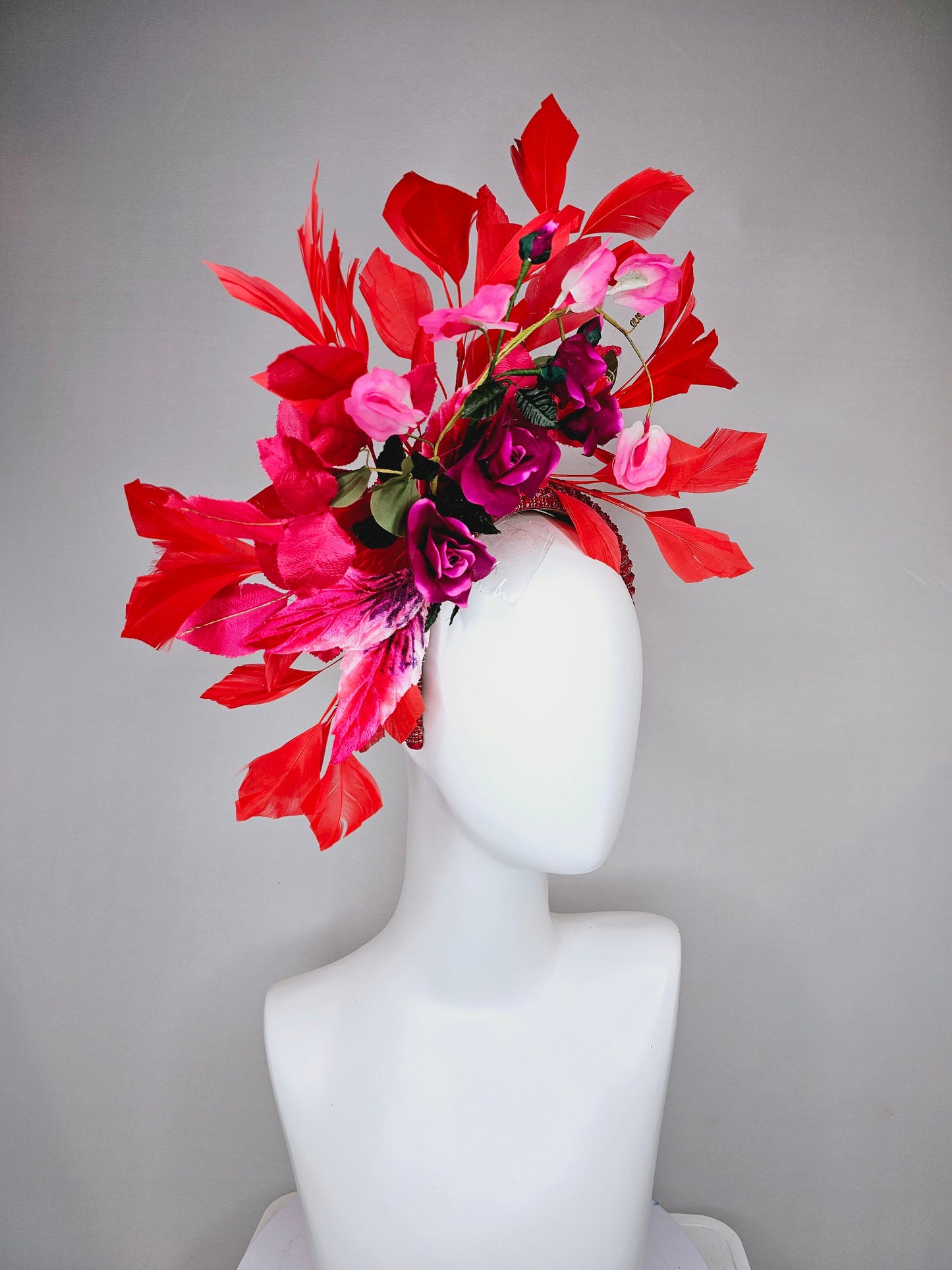 kentucky derby hat fascinator red wine roses with pink white ombre flowers and large red feathers on red beaded crystal headband