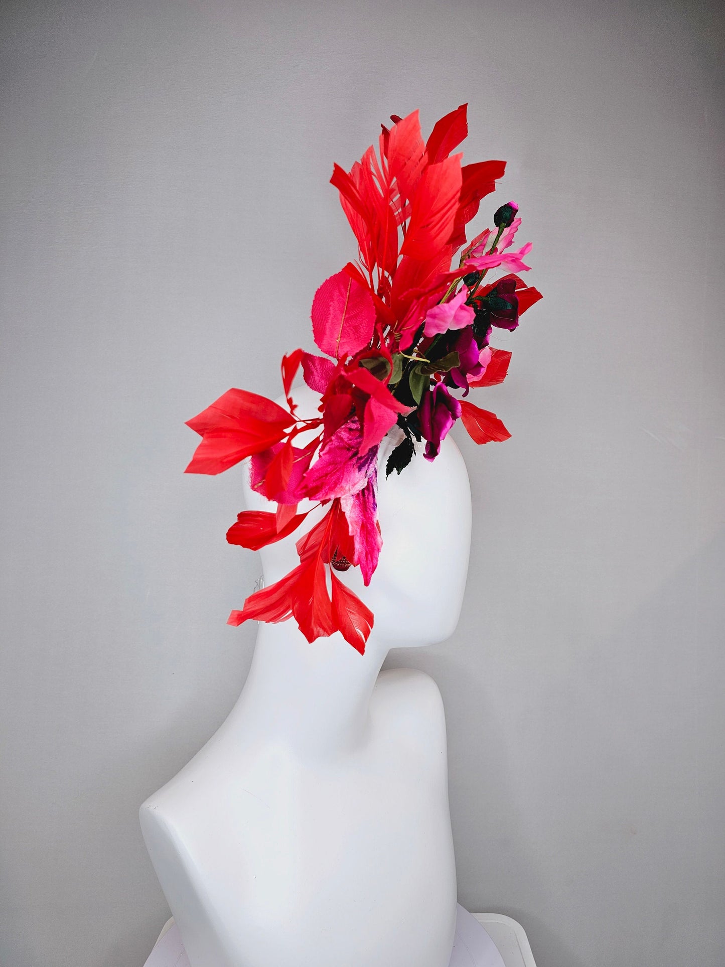 kentucky derby hat fascinator red wine roses with pink white ombre flowers and large red feathers on red beaded crystal headband