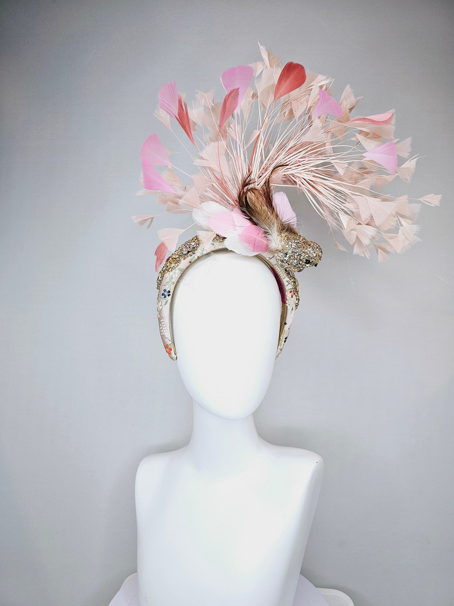 kentucky derby hat fascinator gold blush pink brocade jewel headband with gold sequined bird and white,blush pink, and peach feathers