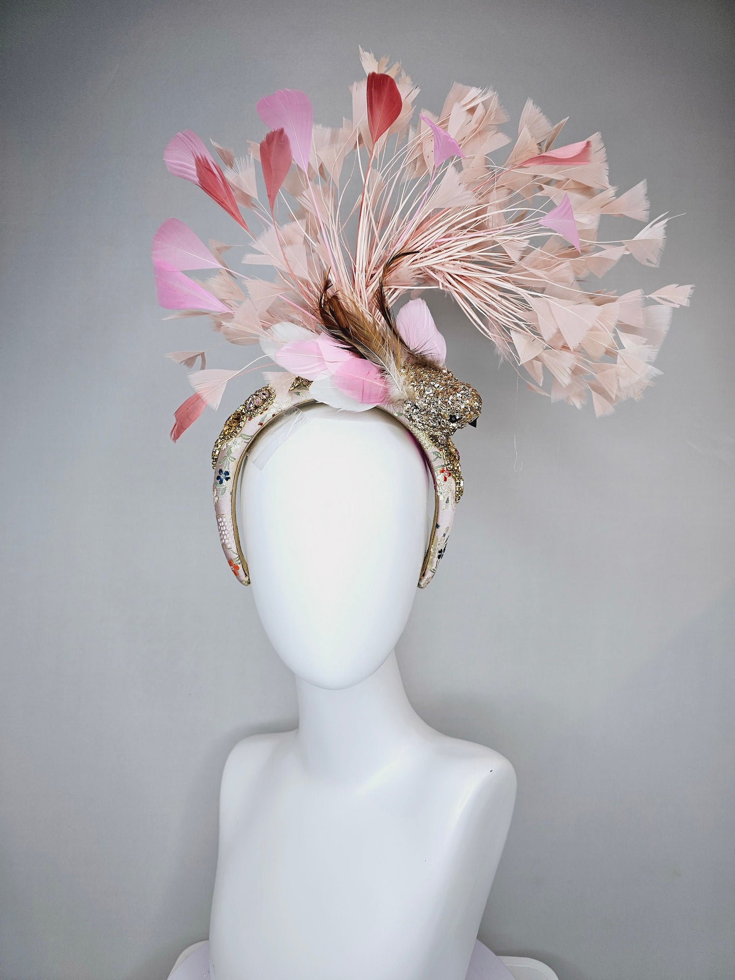 kentucky derby hat fascinator gold blush pink brocade jewel headband with gold sequined bird and white,blush pink, and peach feathers