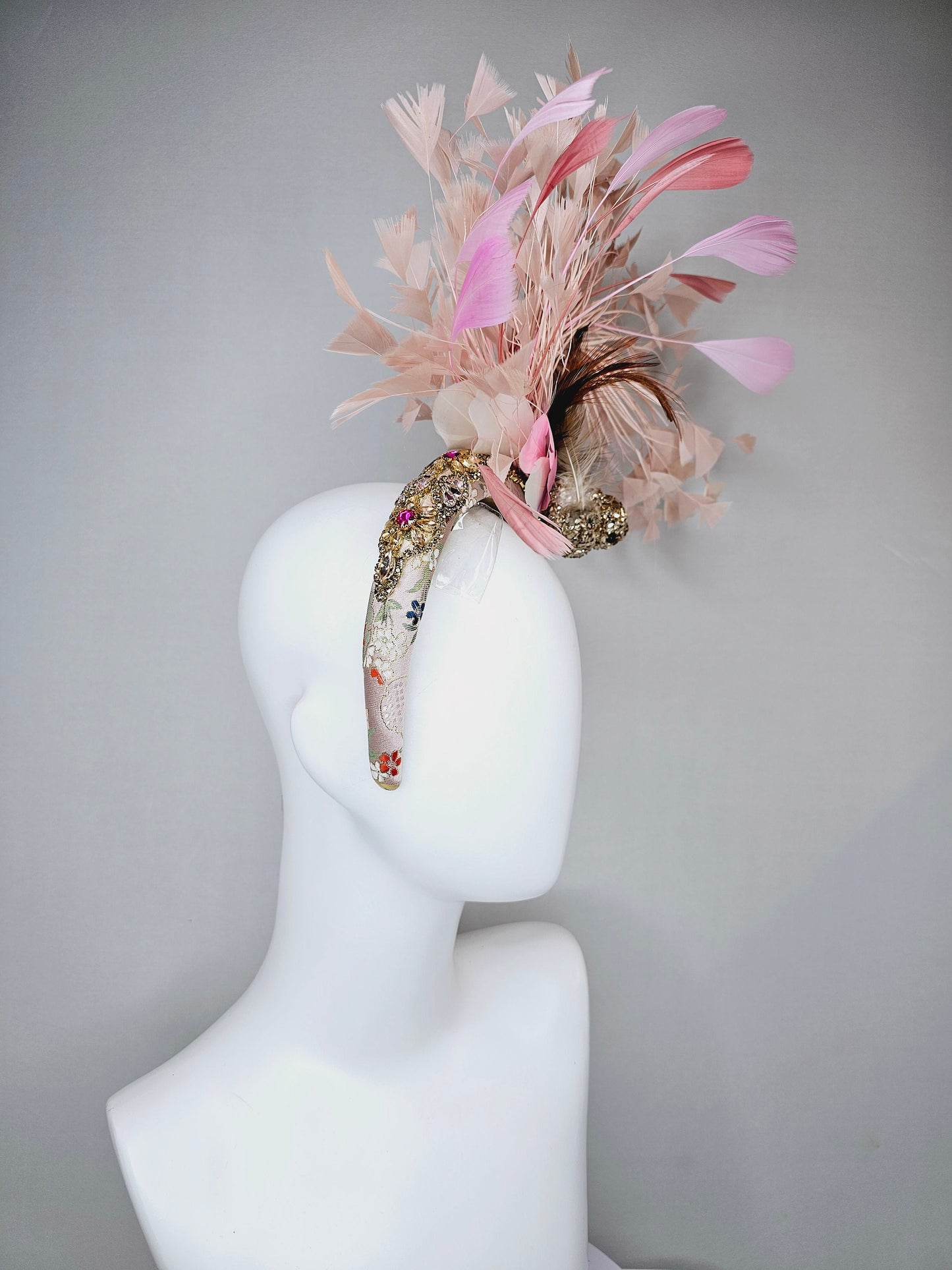 kentucky derby hat fascinator gold blush pink brocade jewel headband with gold sequined bird and white,blush pink, and peach feathers