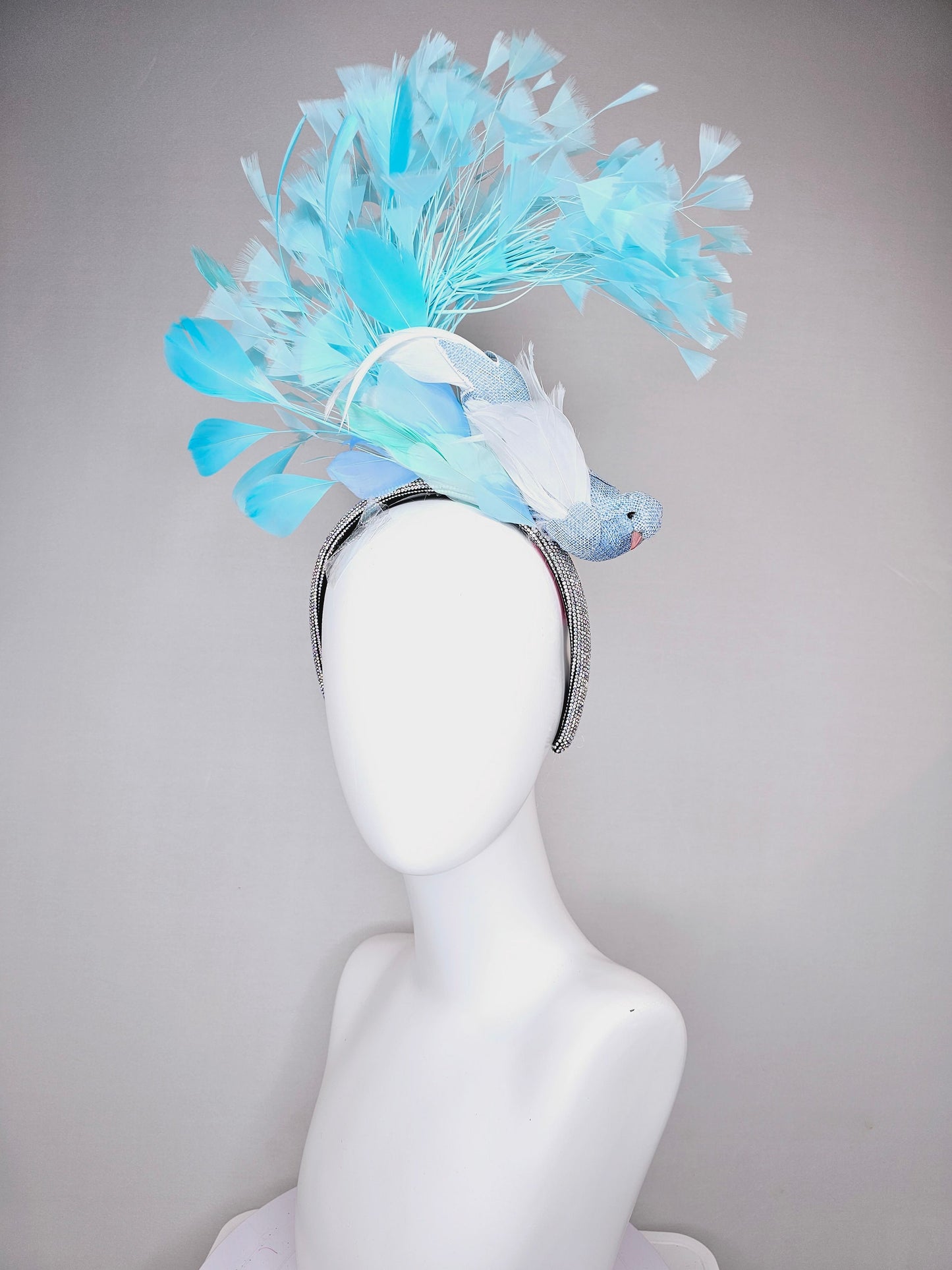 kentucky derby hat fascinator rhinestone sparkle headband with blue bird and white,blue, aqua blue feathers
