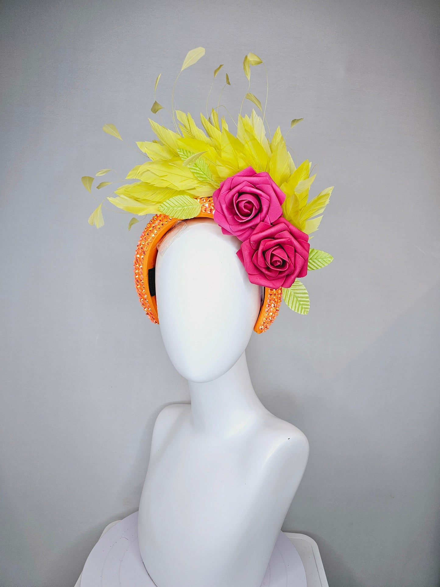 kentucky derby hat fascinator bright yellow feathers on iridescent crystal bright orange headband with pink roses and orange leaves