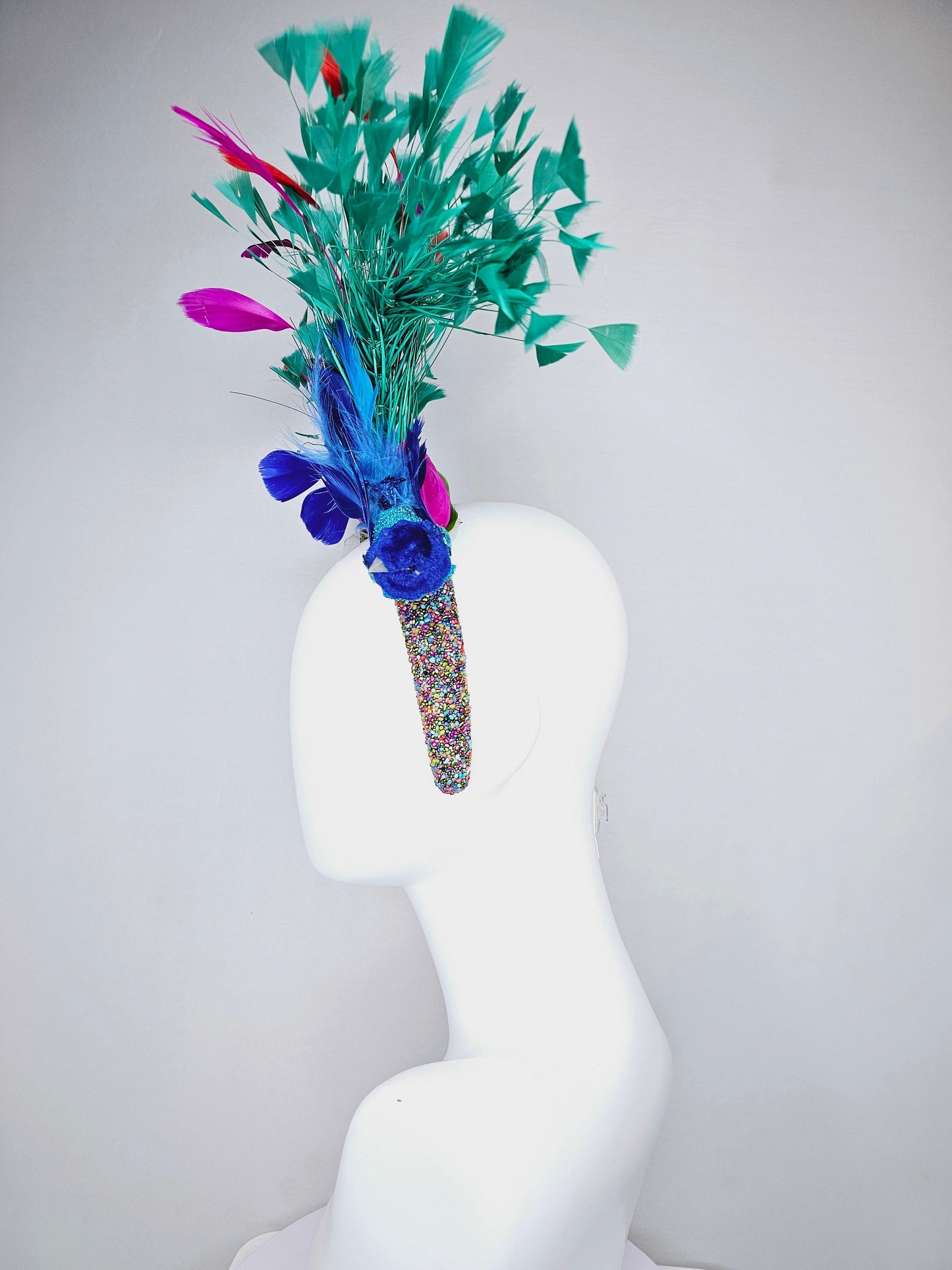 kentucky derby hat fascinator multicolored beaded rhinestone headband w blue feather beaded bird and turquoise blue pink red purple feathers
