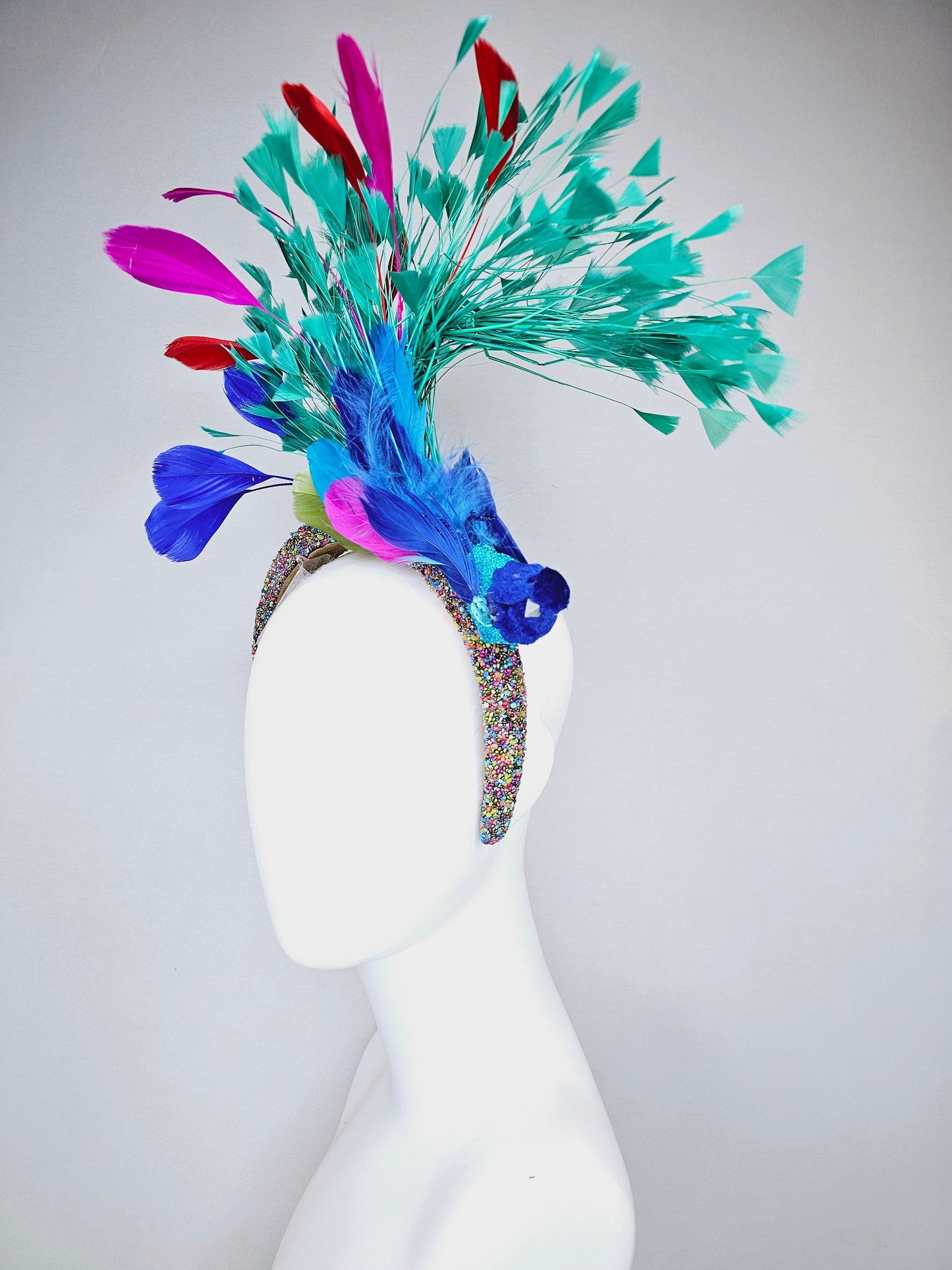 kentucky derby hat fascinator multicolored beaded rhinestone headband w blue feather beaded bird and turquoise blue pink red purple feathers