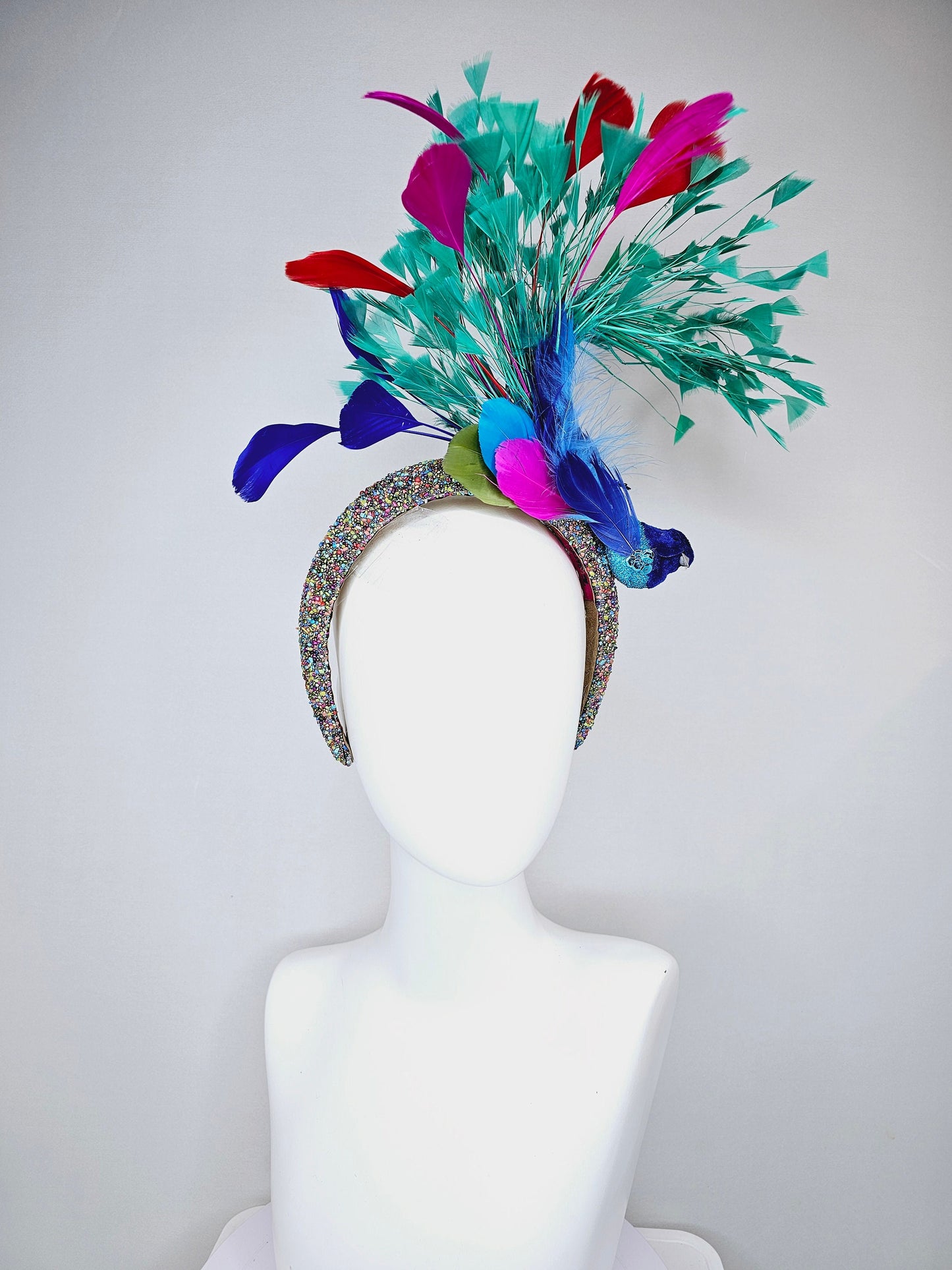 kentucky derby hat fascinator multicolored beaded rhinestone headband w blue feather beaded bird and turquoise blue pink red purple feathers