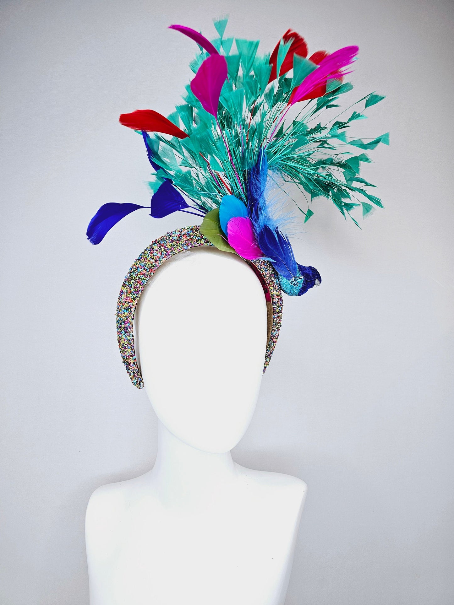 kentucky derby hat fascinator multicolored beaded rhinestone headband w blue feather beaded bird and turquoise blue pink red purple feathers