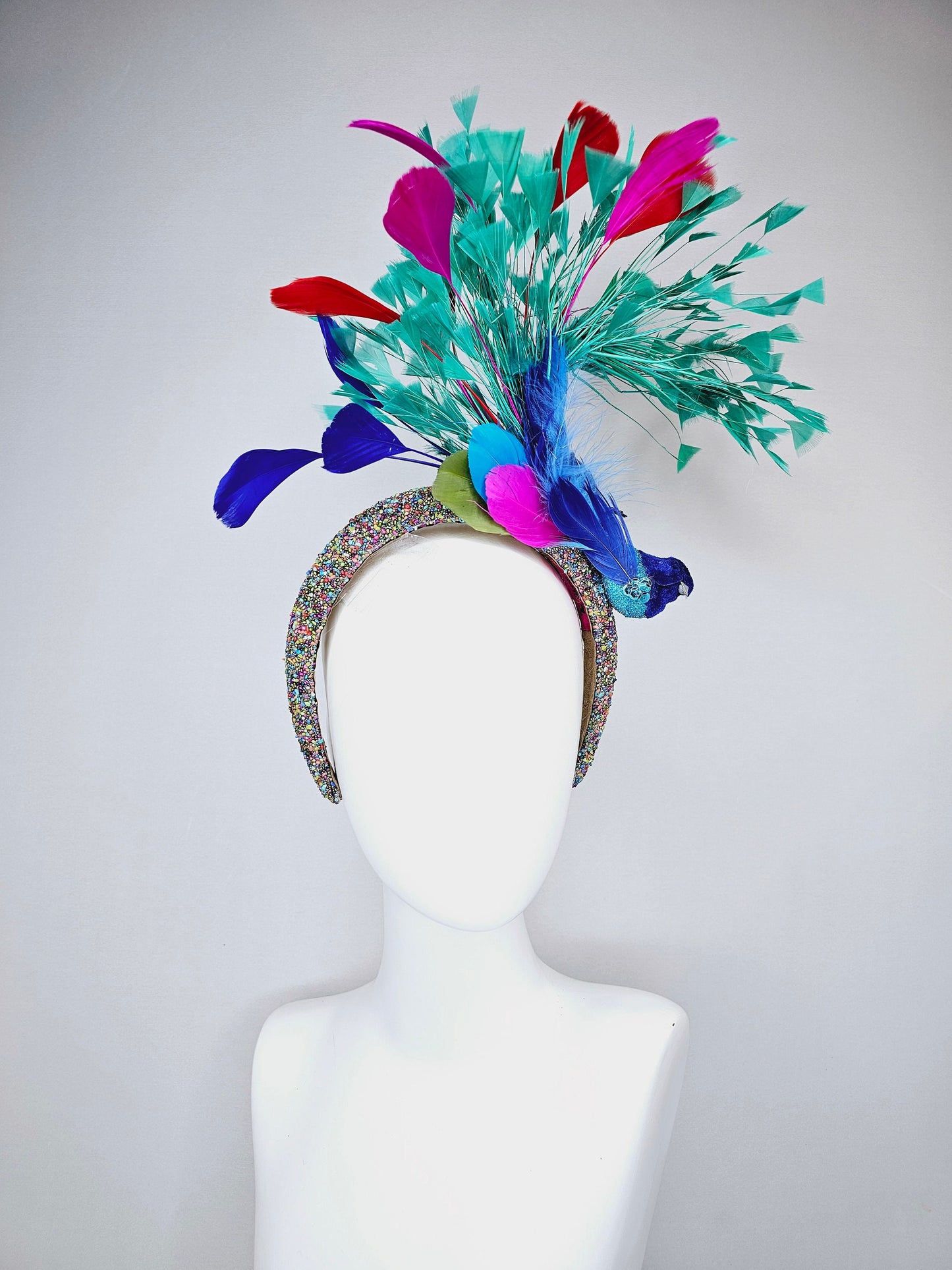 kentucky derby hat fascinator multicolored beaded rhinestone headband w blue feather beaded bird and turquoise blue pink red purple feathers