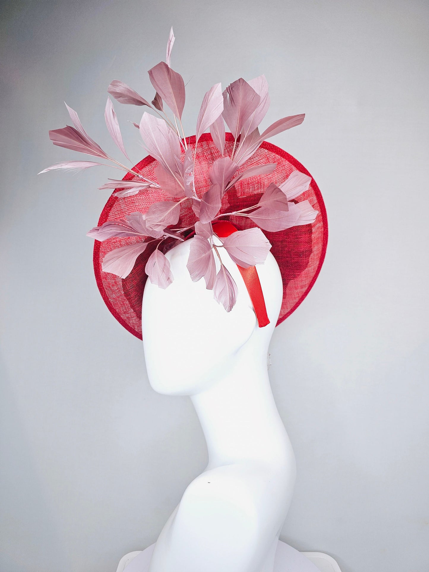 kentucky derby hat scarlet red sinamay saucer with black ivory gold leopard embroidered with blush pink feathers