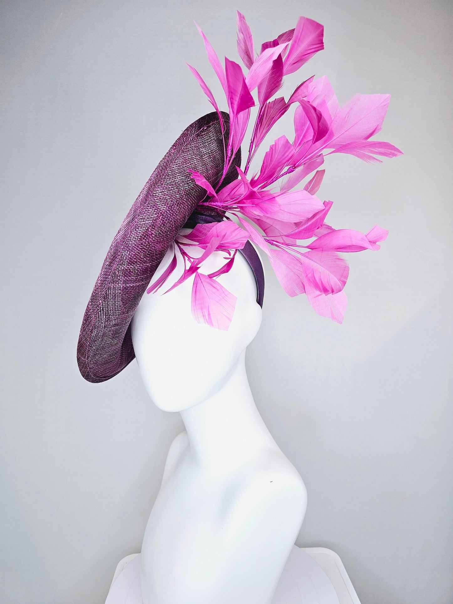 kentucky derby hat fascinator purple sinamay saucer with red pink green embroidered flowers with fuchsia pink feathers
