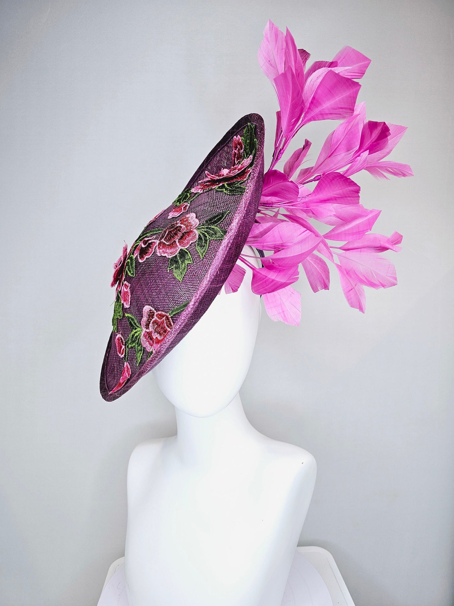 kentucky derby hat fascinator purple sinamay saucer with red pink green embroidered flowers with fuchsia pink feathers
