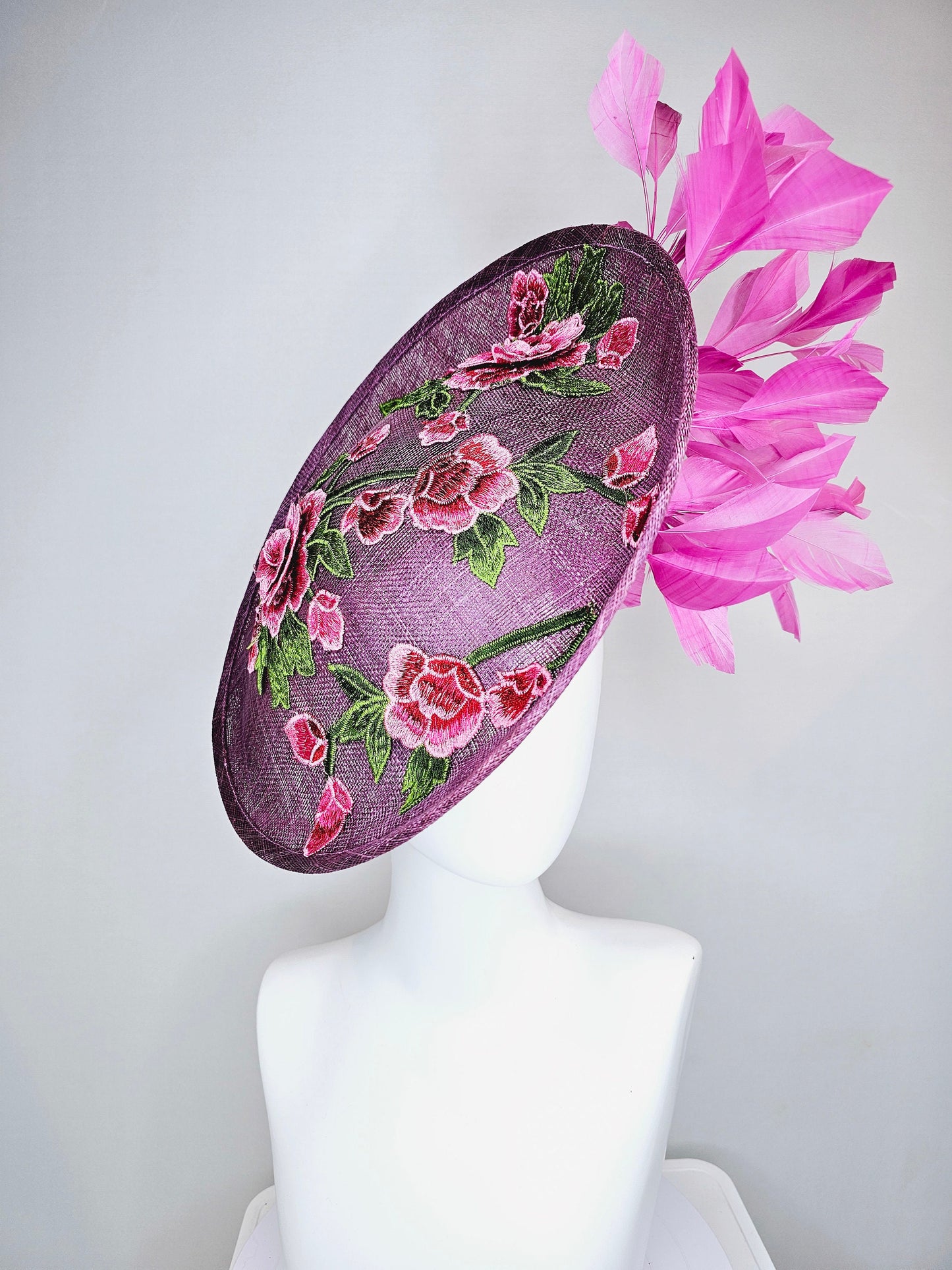 kentucky derby hat fascinator purple sinamay saucer with red pink green embroidered flowers with fuchsia pink feathers