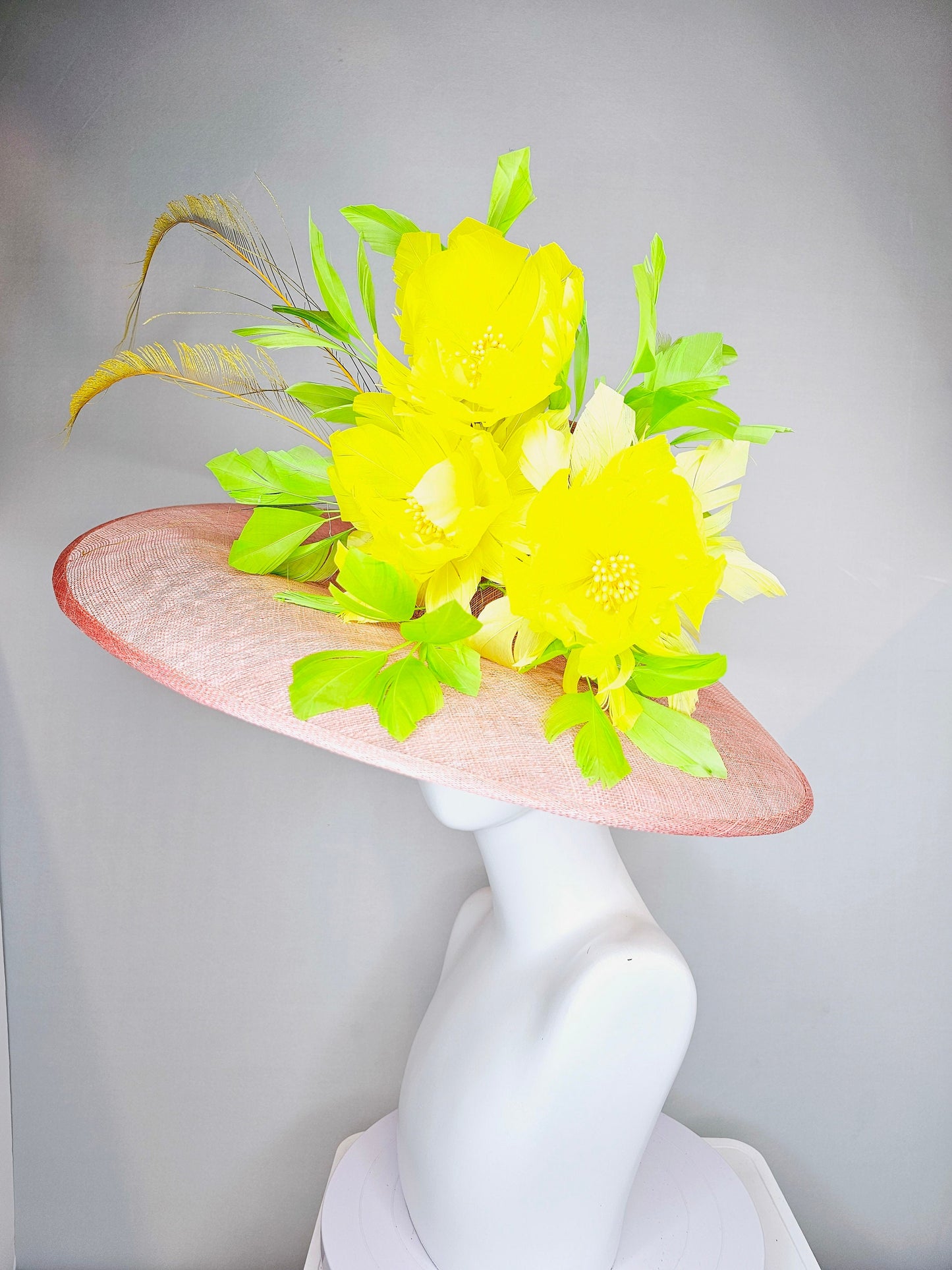 kentucky derby hat large wide brim sinamay blush pink hat w large green feathers bright yellow feather flowers w long tall yellow feathers