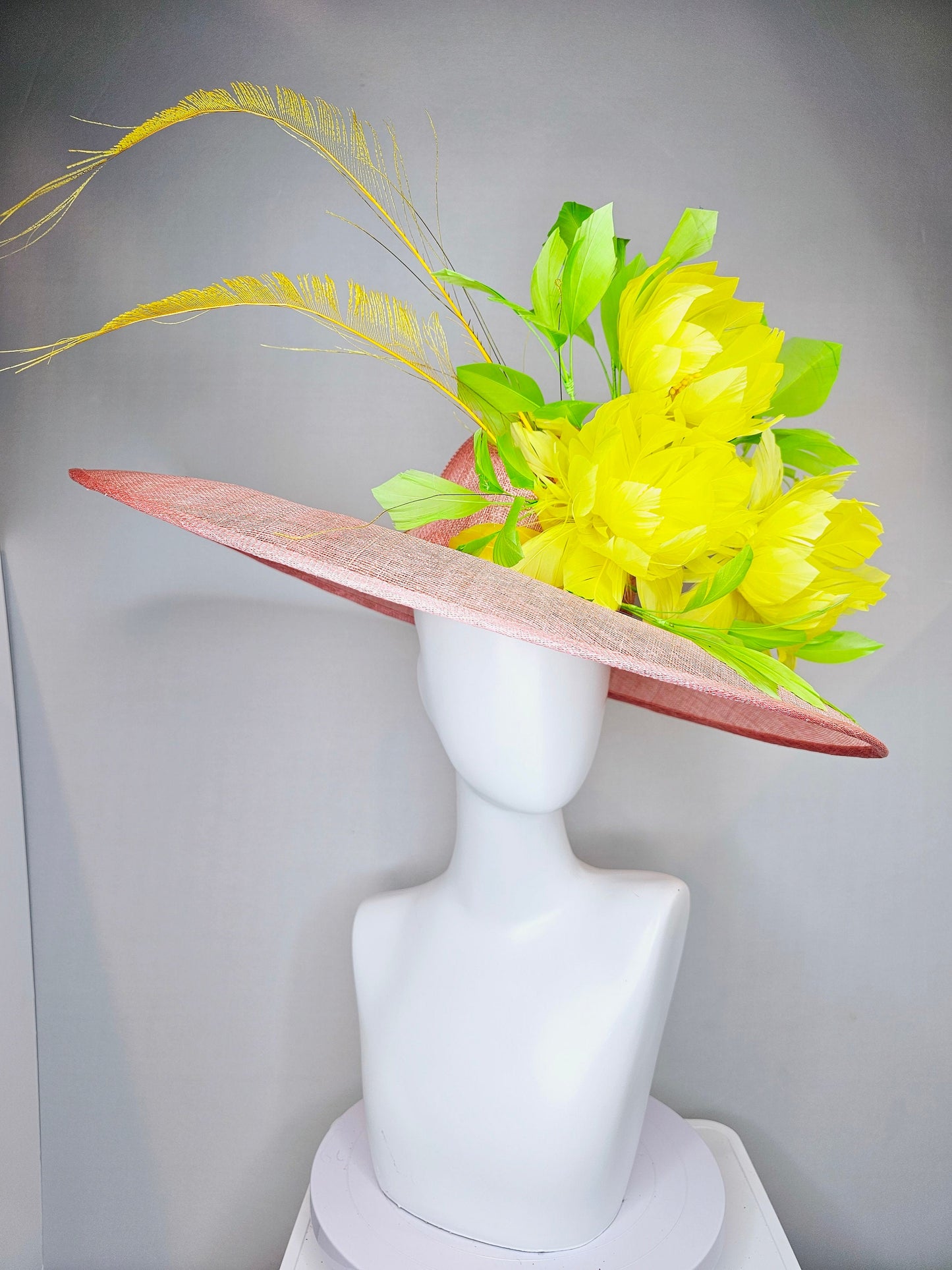 kentucky derby hat large wide brim sinamay blush pink hat w large green feathers bright yellow feather flowers w long tall yellow feathers