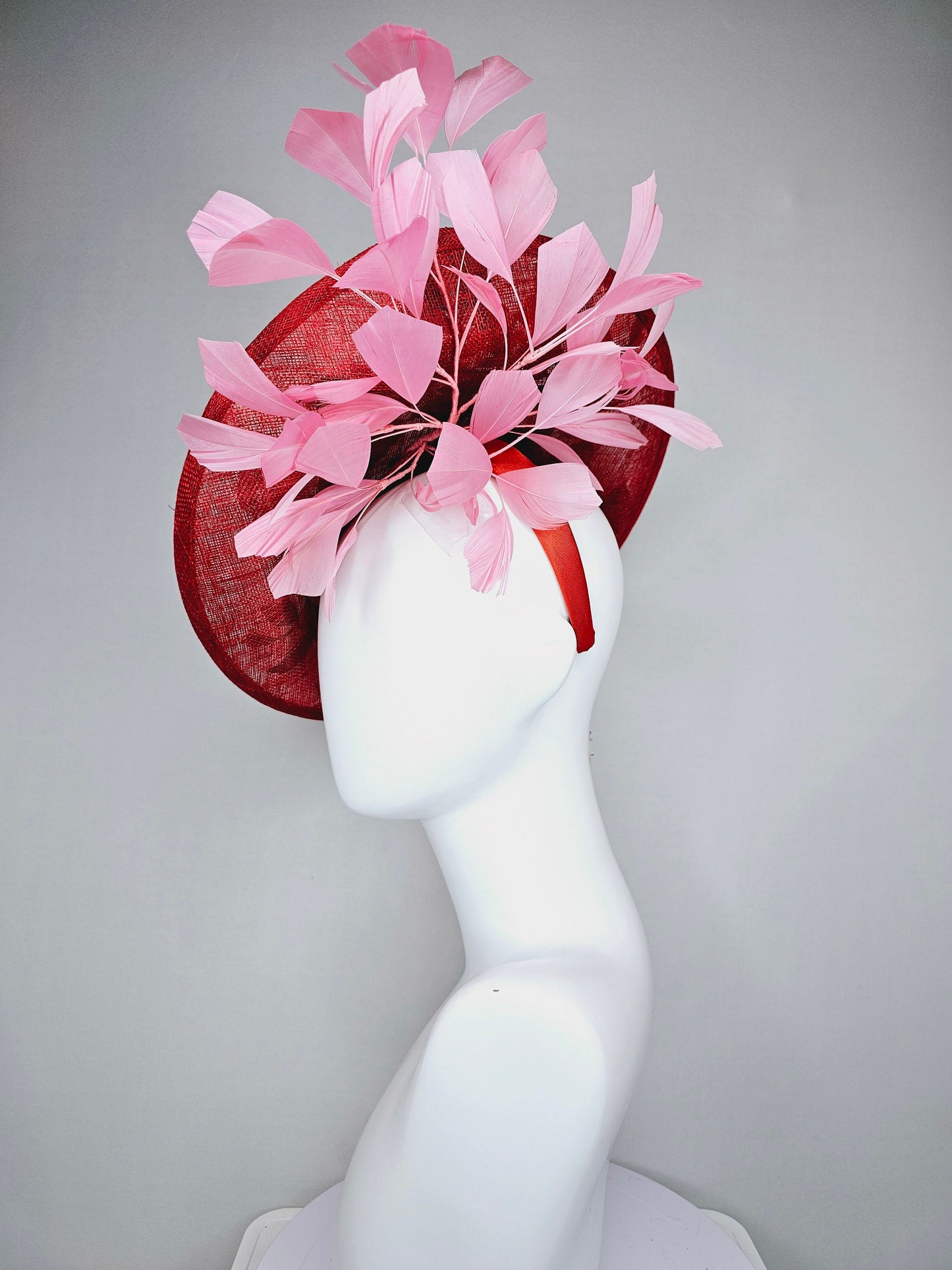 kentucky derby hat fascinator red sinamay saucer with red pink green gold embroidered flowers pink feathers
