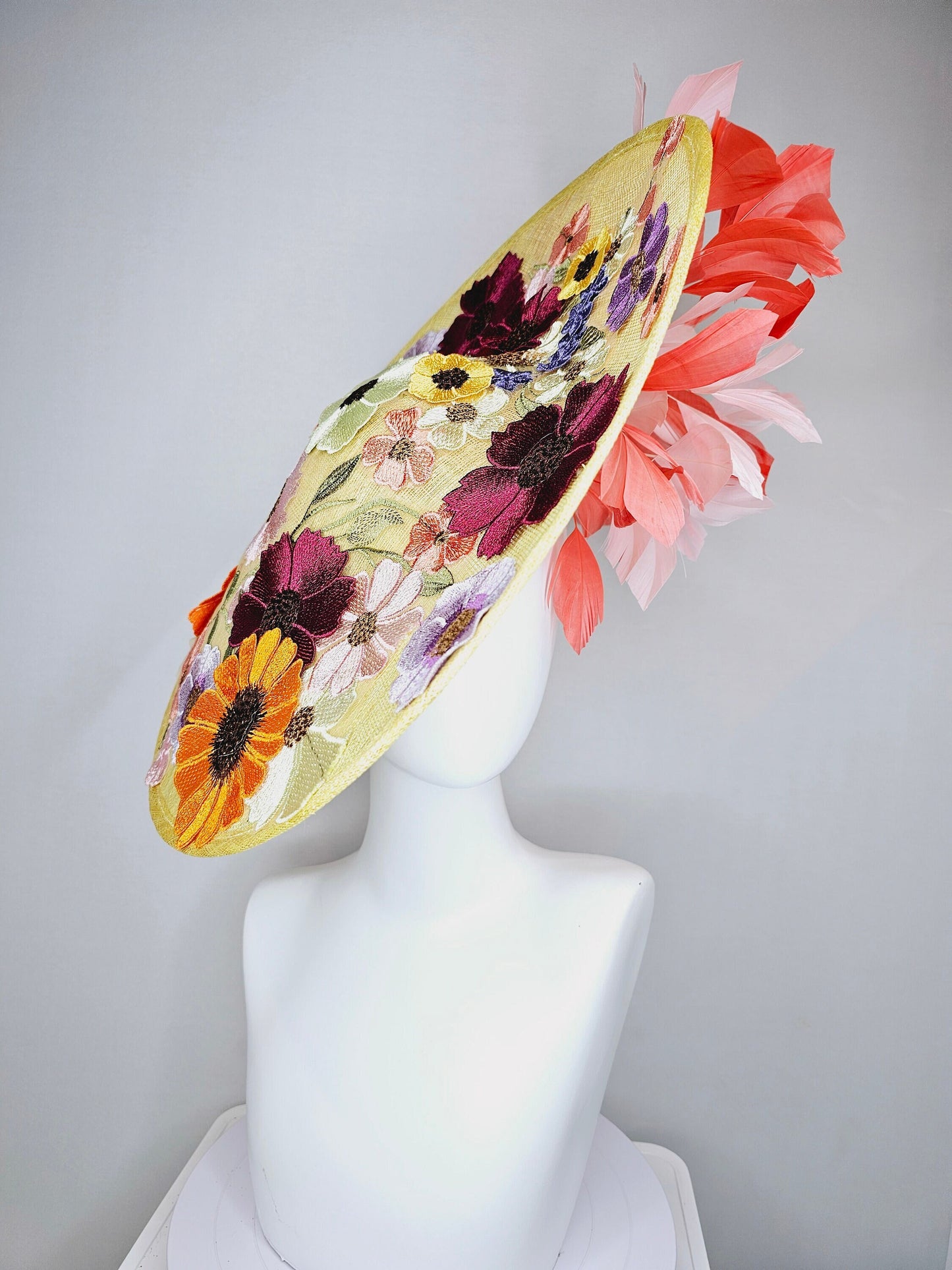 kentucky derby hat fascinator large yellow saucer sinamay rainbow red orange green pink embroidered flowers pink coral branching feathers