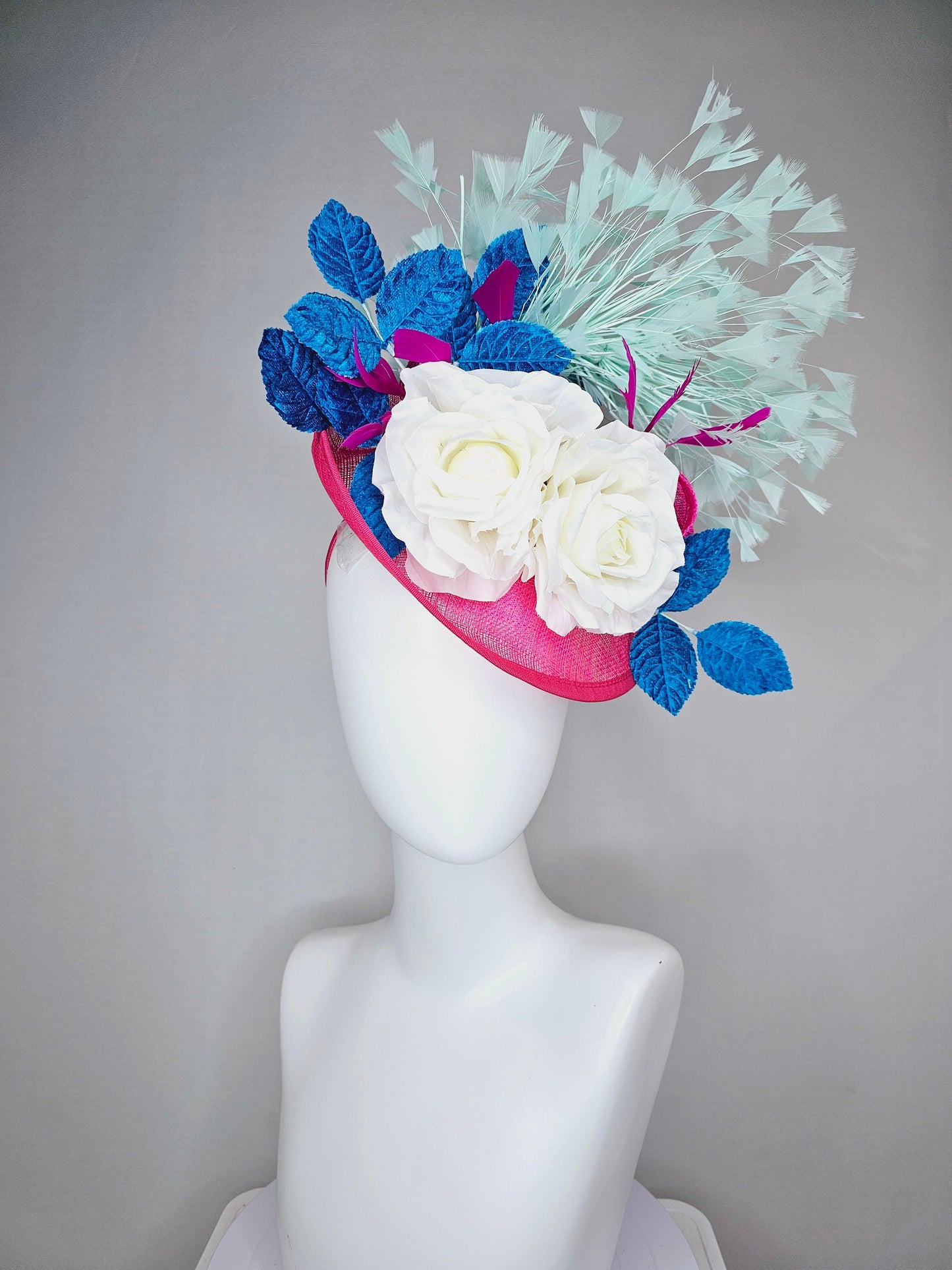 kentucky derby hat fascinator pink sinamay saucer with white roses turquoise blue leaves and mint green feathers