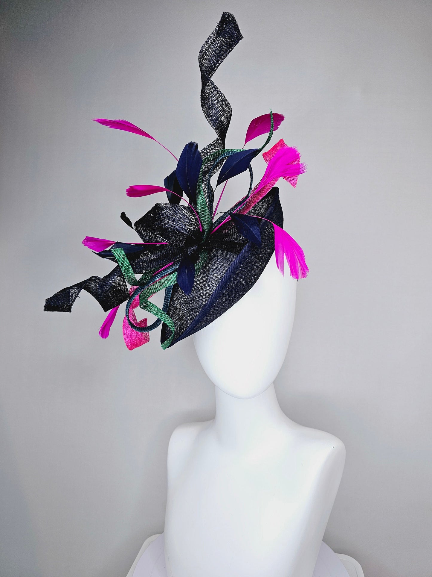kentucky derby hat fascinator dark navy sinamay with curls green blue sinamay curls pink feathers