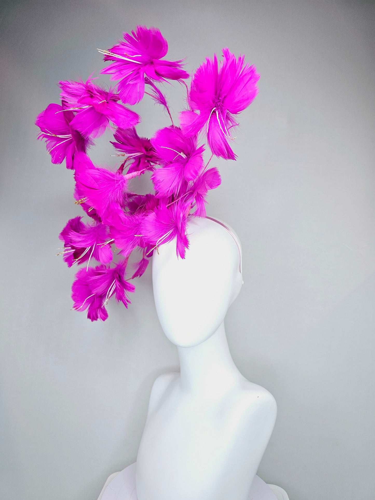 kentucky derby hat fascinator fuchsia bright hot pink ombre branching feather flower headpiece