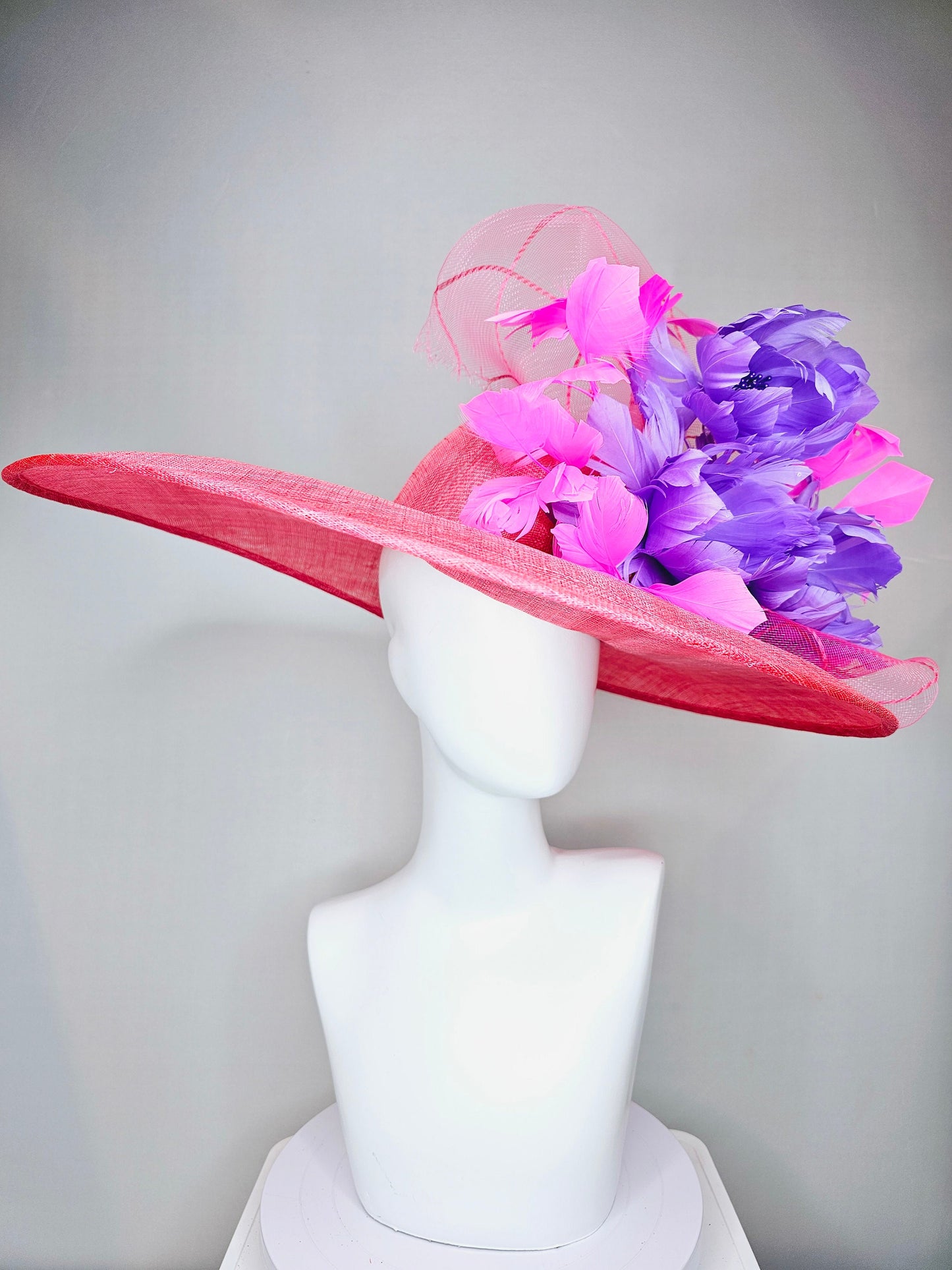 kentucky derby hat large wide brim sinamay coral pink hat with pink feathers and purple fluffy feather flowers w pink crinoline