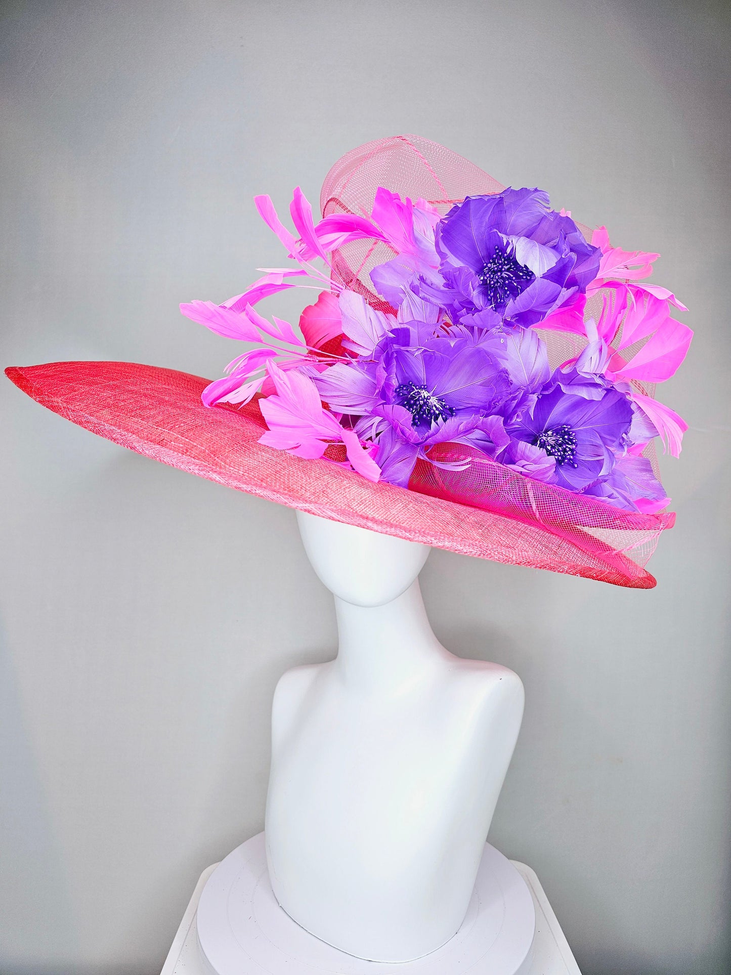 kentucky derby hat large wide brim sinamay coral pink hat with pink feathers and purple fluffy feather flowers w pink crinoline