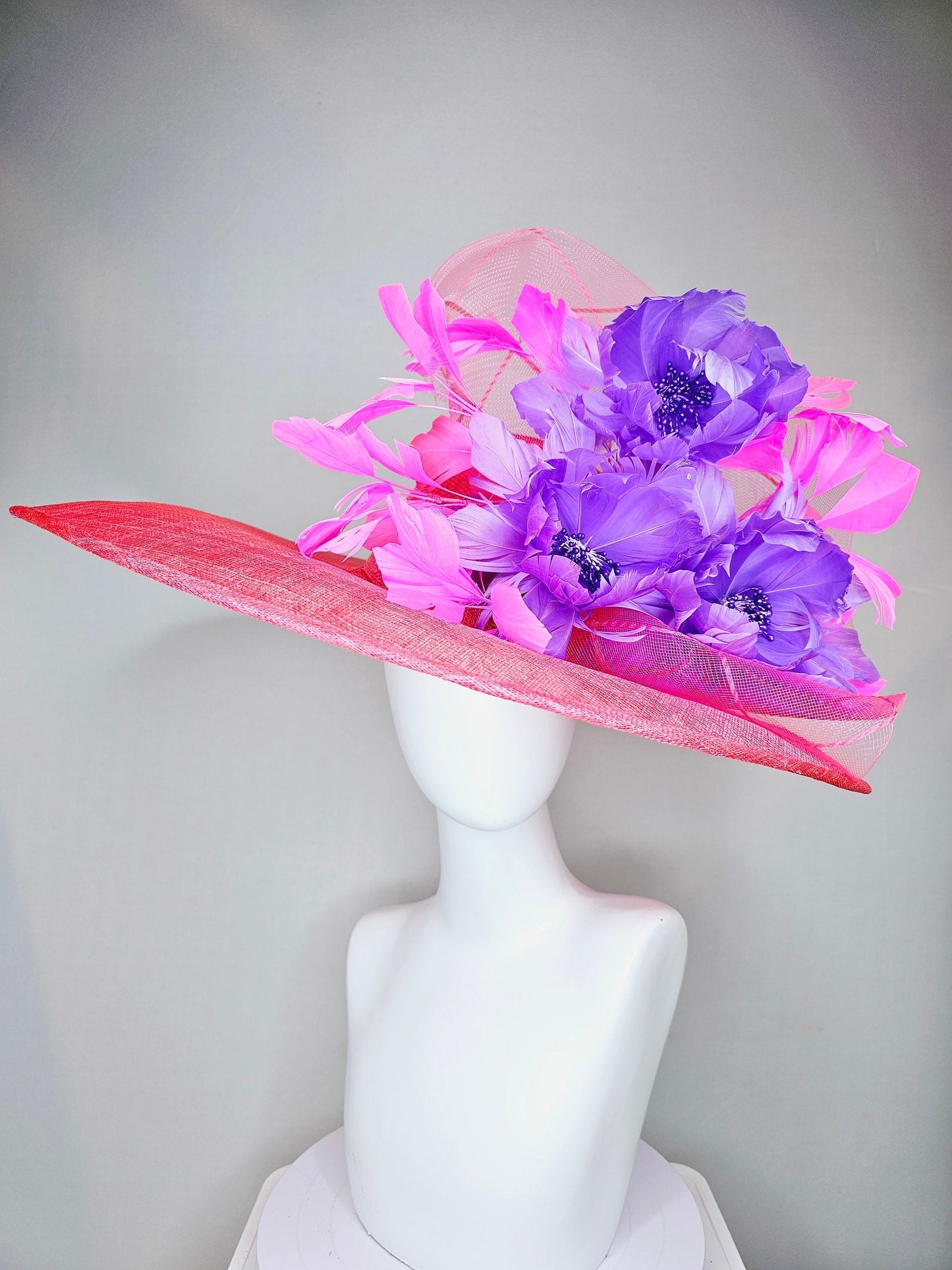 kentucky derby hat large wide brim sinamay coral pink hat with pink feathers and purple fluffy feather flowers w pink crinoline