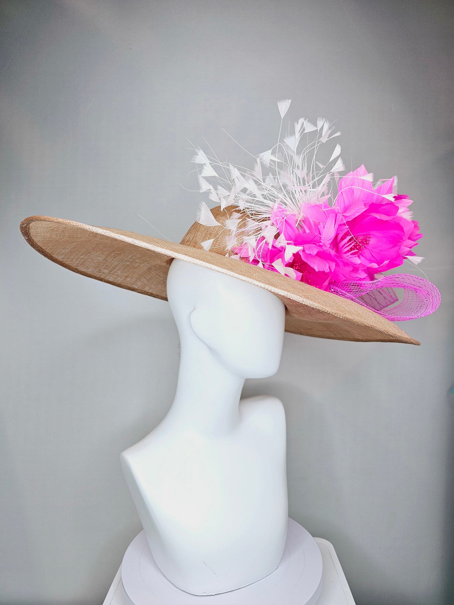 kentucky derby hat large wide brim sinamay neutral taupe beige hat with white feathers, fuchsia pink feather flowers w bright pink crinoline