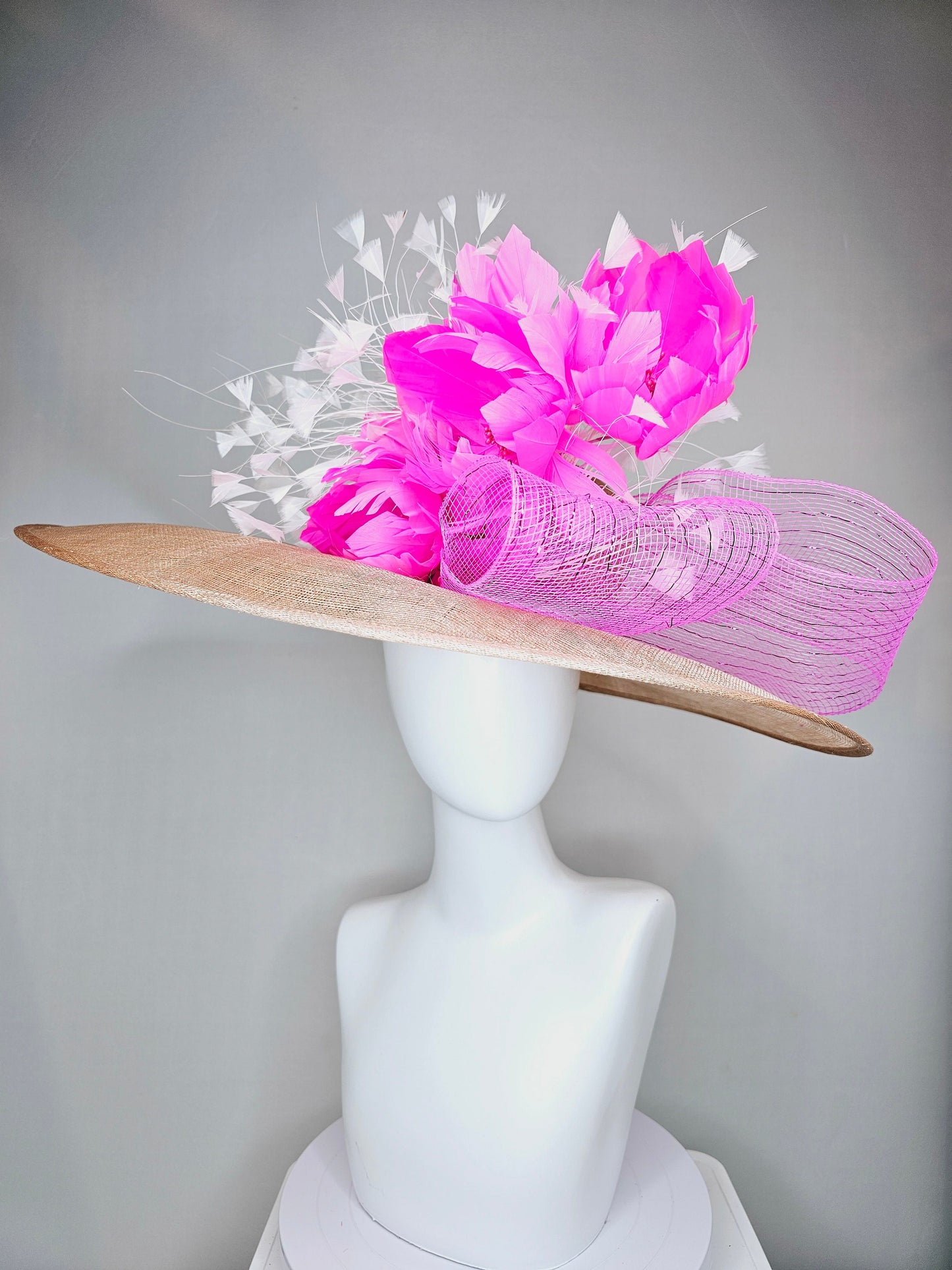 kentucky derby hat large wide brim sinamay neutral taupe beige hat with white feathers, fuchsia pink feather flowers w bright pink crinoline