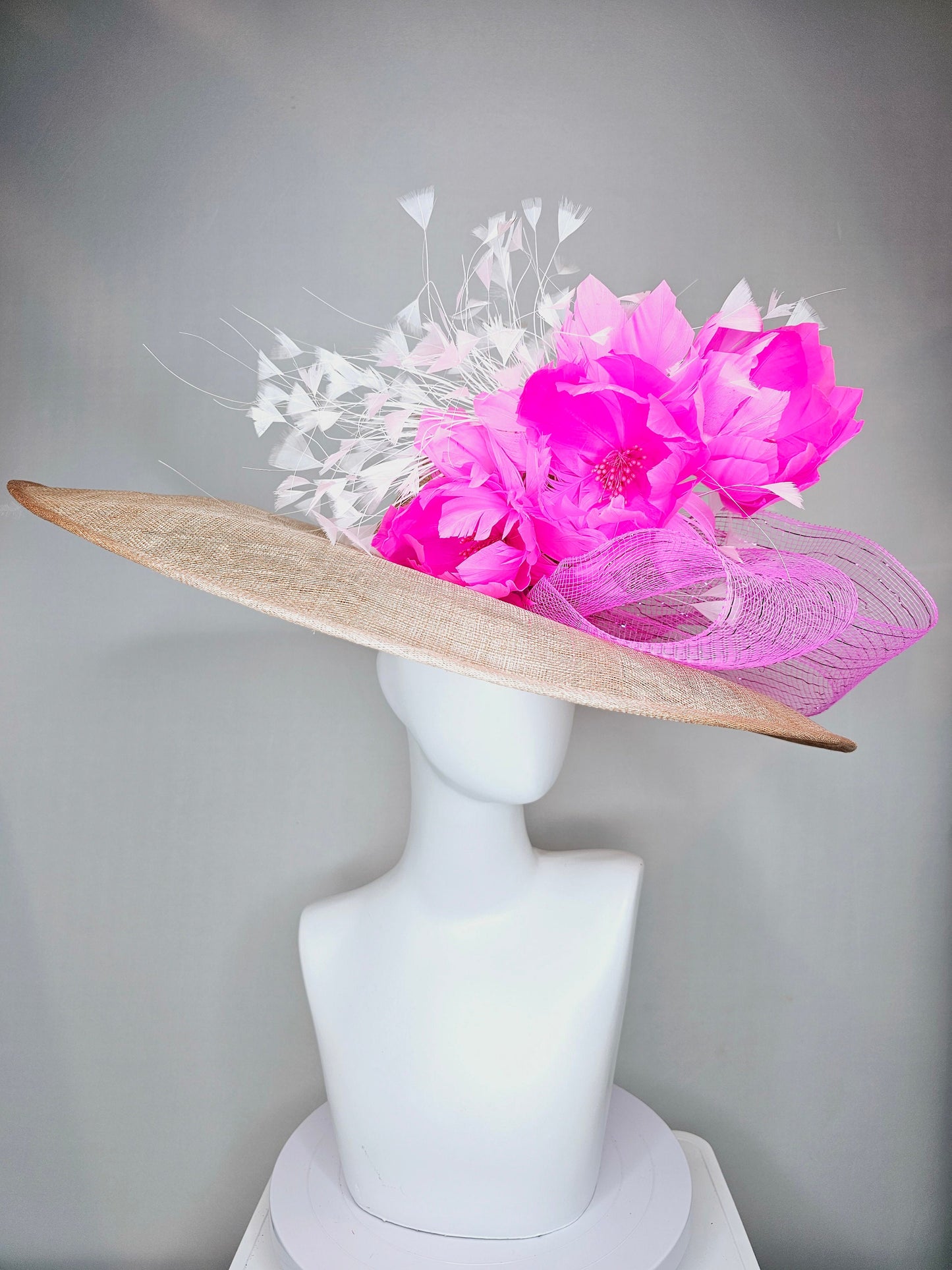 kentucky derby hat large wide brim sinamay neutral taupe beige hat with white feathers, fuchsia pink feather flowers w bright pink crinoline