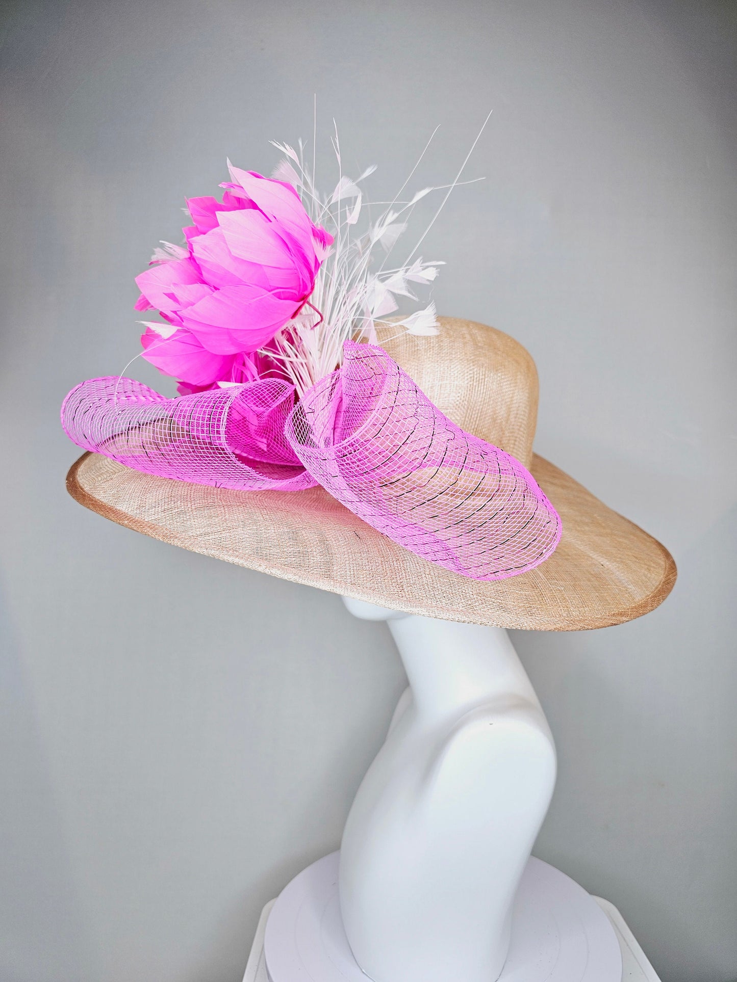 kentucky derby hat large wide brim sinamay neutral taupe beige hat with white feathers, fuchsia pink feather flowers w bright pink crinoline