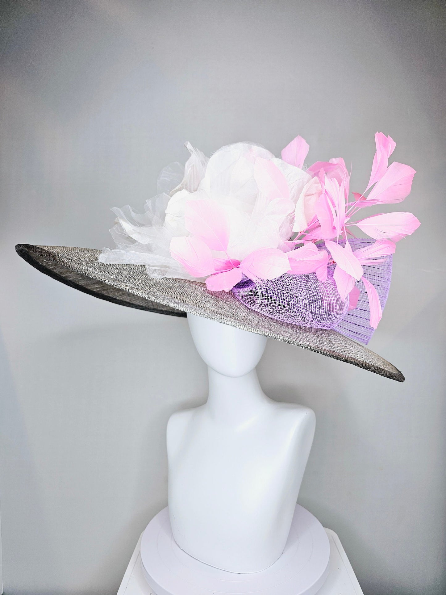 kentucky derby hat large wide brim sinamay gray hat with large white ivory organza flower and baby pink feathers with lavender crinoline