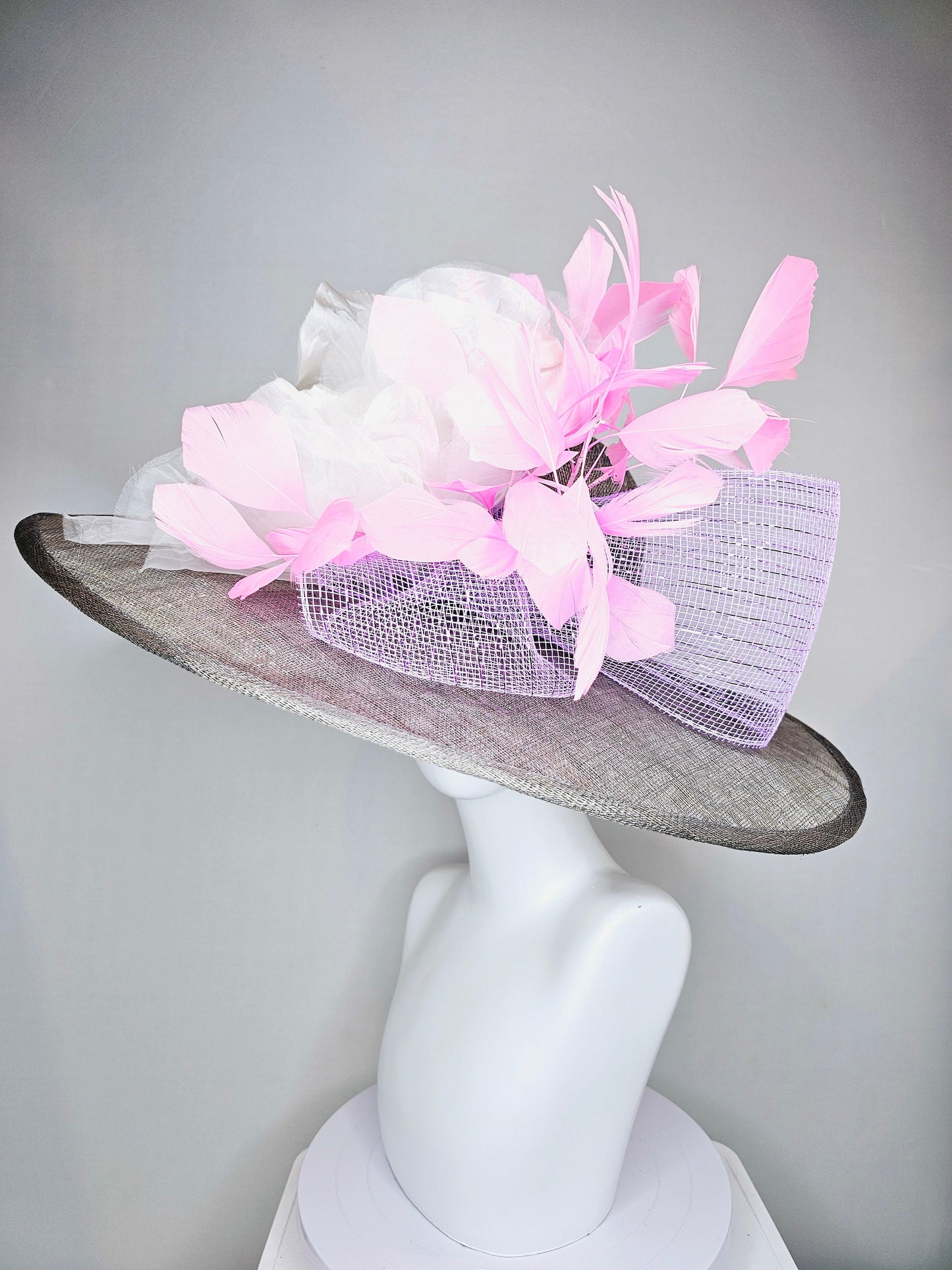 kentucky derby hat large wide brim sinamay gray hat with large white ivory organza flower and baby pink feathers with lavender crinoline