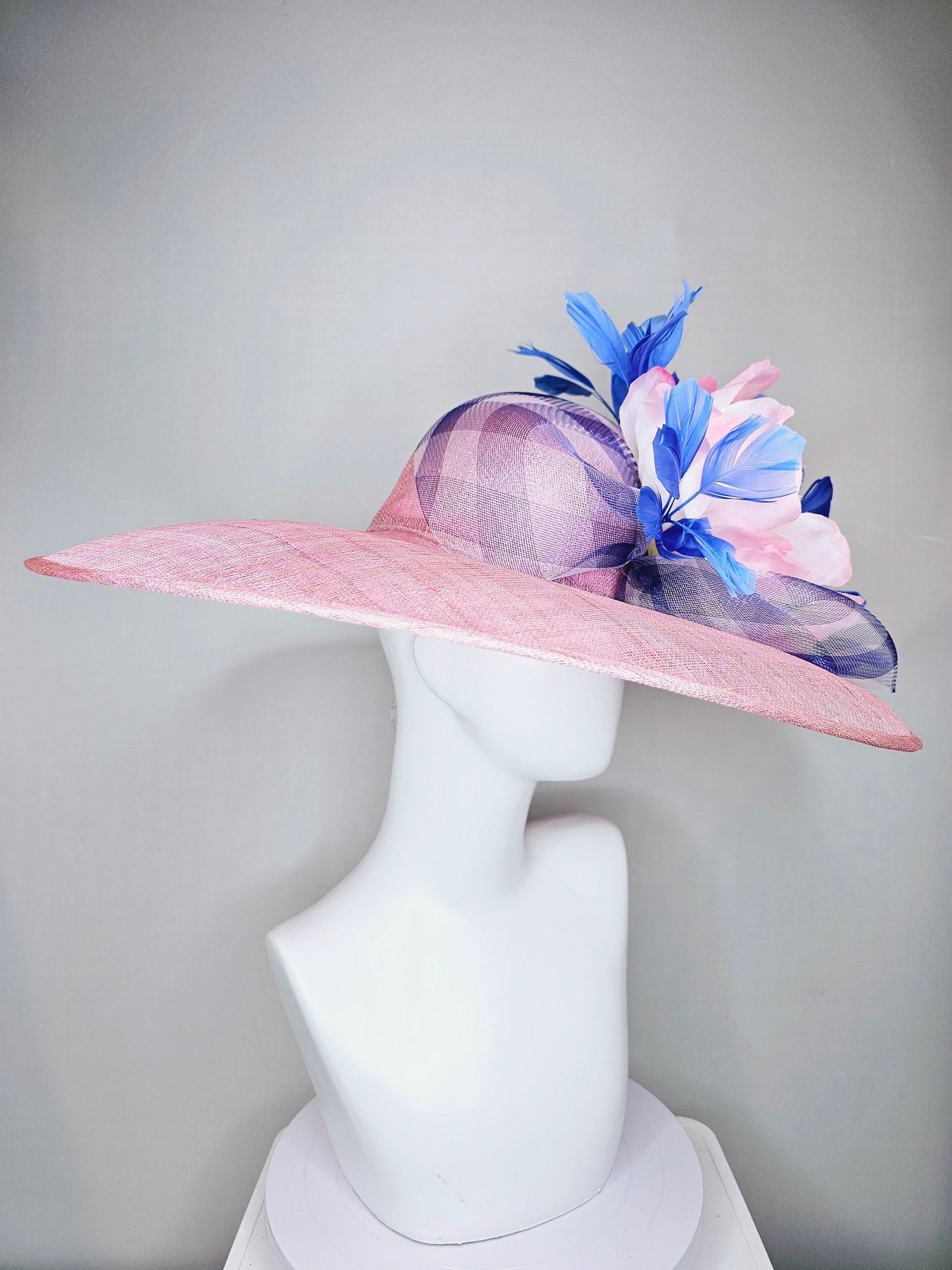 kentucky derby hat large wide brim sinamay blush pink hat with large blush light pink satin flower, blue feathers and blue gingham crinoline