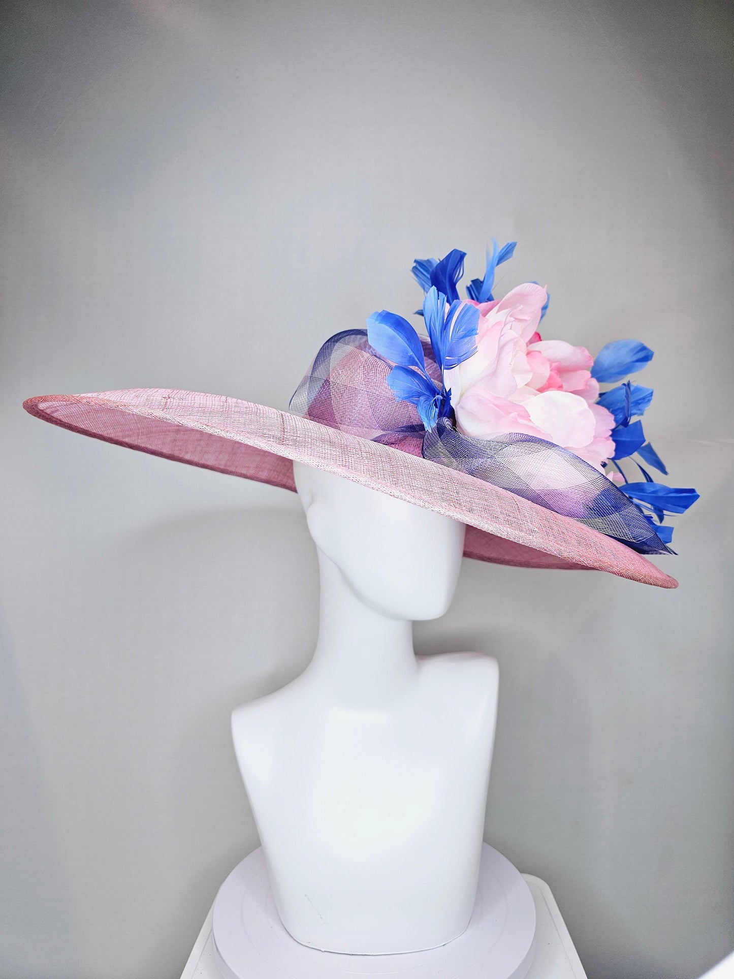 kentucky derby hat large wide brim sinamay blush pink hat with large blush light pink satin flower, blue feathers and blue gingham crinoline